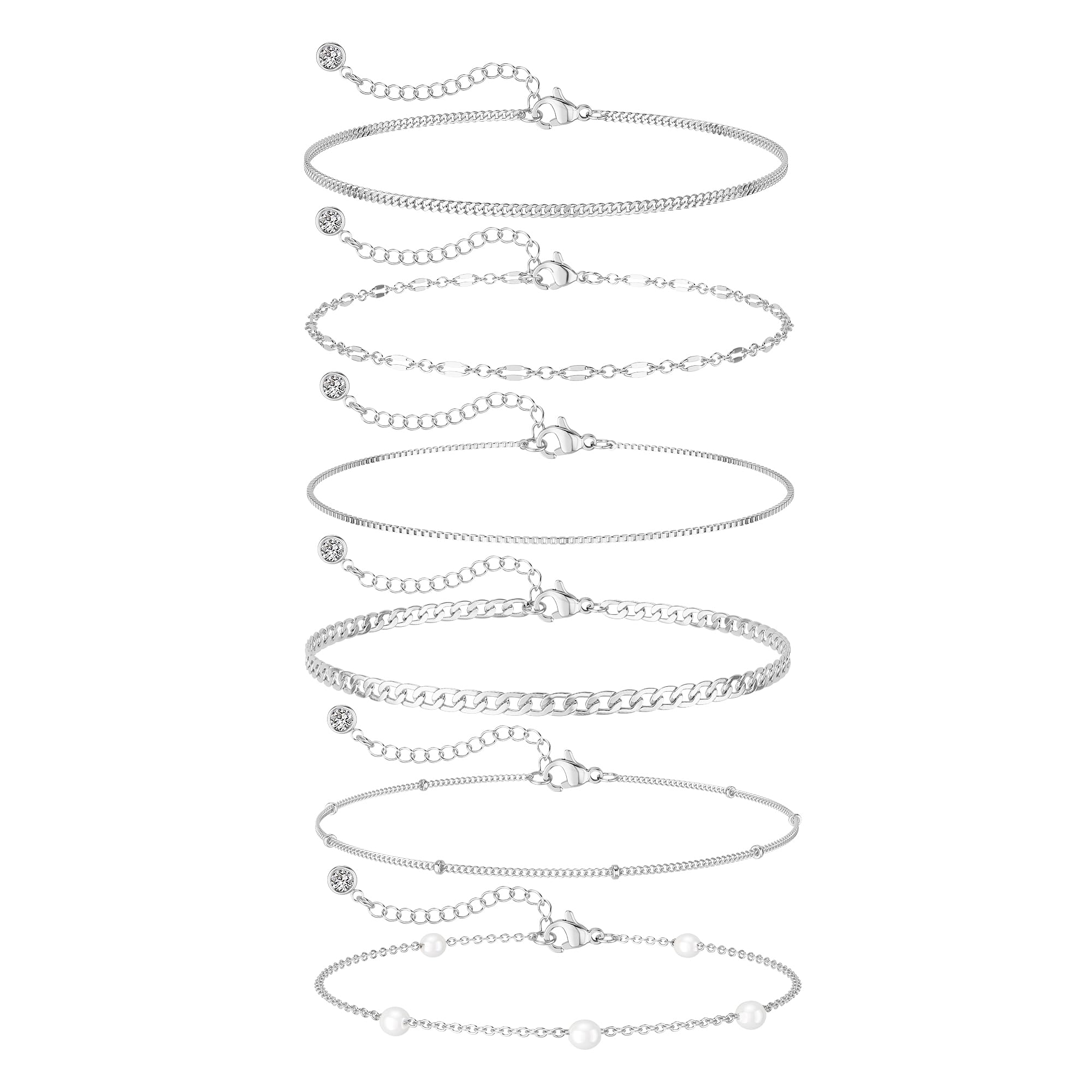 MBW Sterling Silver Bracelets for Women Trendy, Minimalist Simple Dainty S925 Silver Plated Bracelets for Women Stack Waterproof Jewelry Small Thin Bracelet Set for Womens Teen Gift