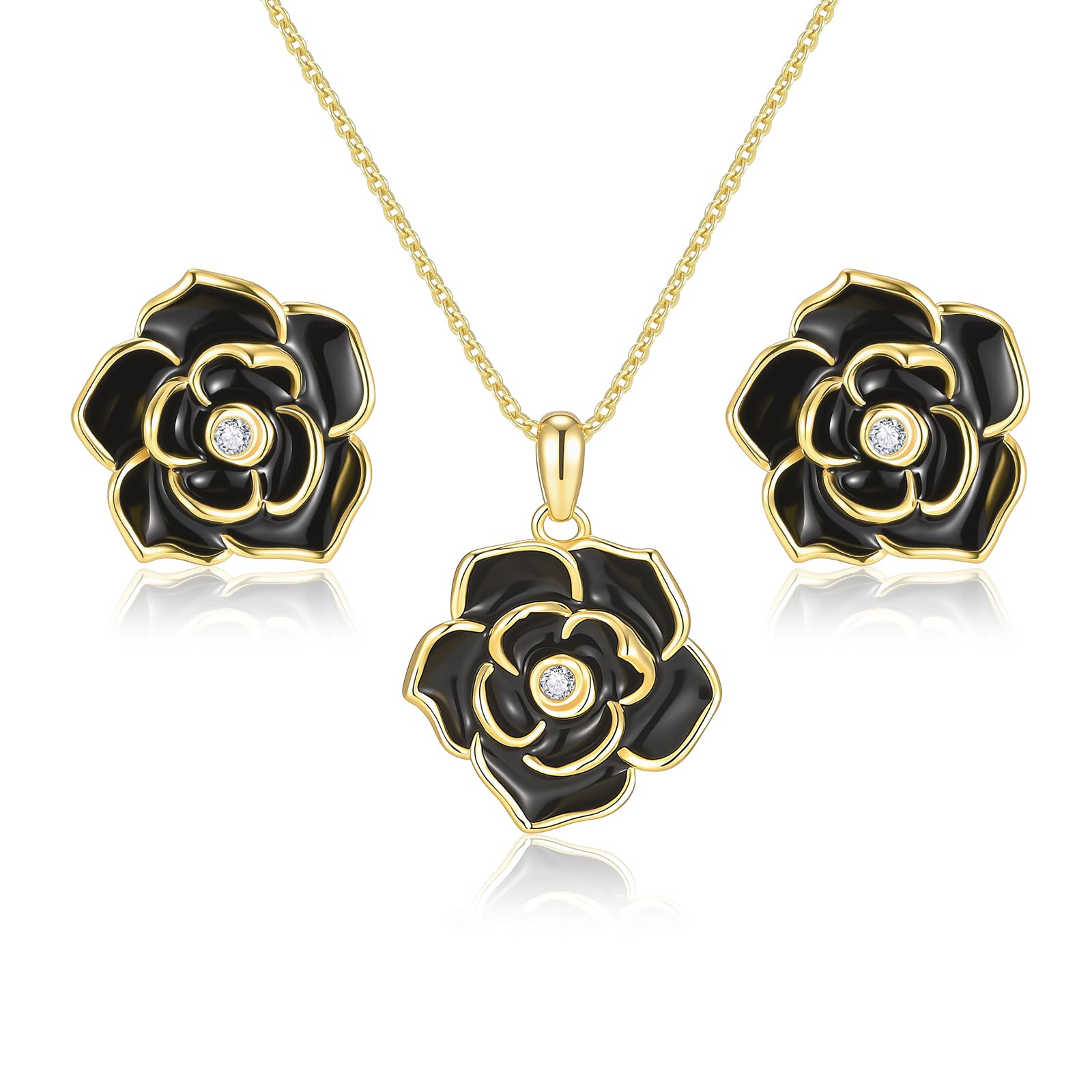 Rose Flower Earring Necklace Set - 14k Gold Plated Hypoallergenic Jewelry Sets For Women, Trendy Cubic Zirconia Floral Earring Pendant Necklace Anniversary Birthday Gift for Her