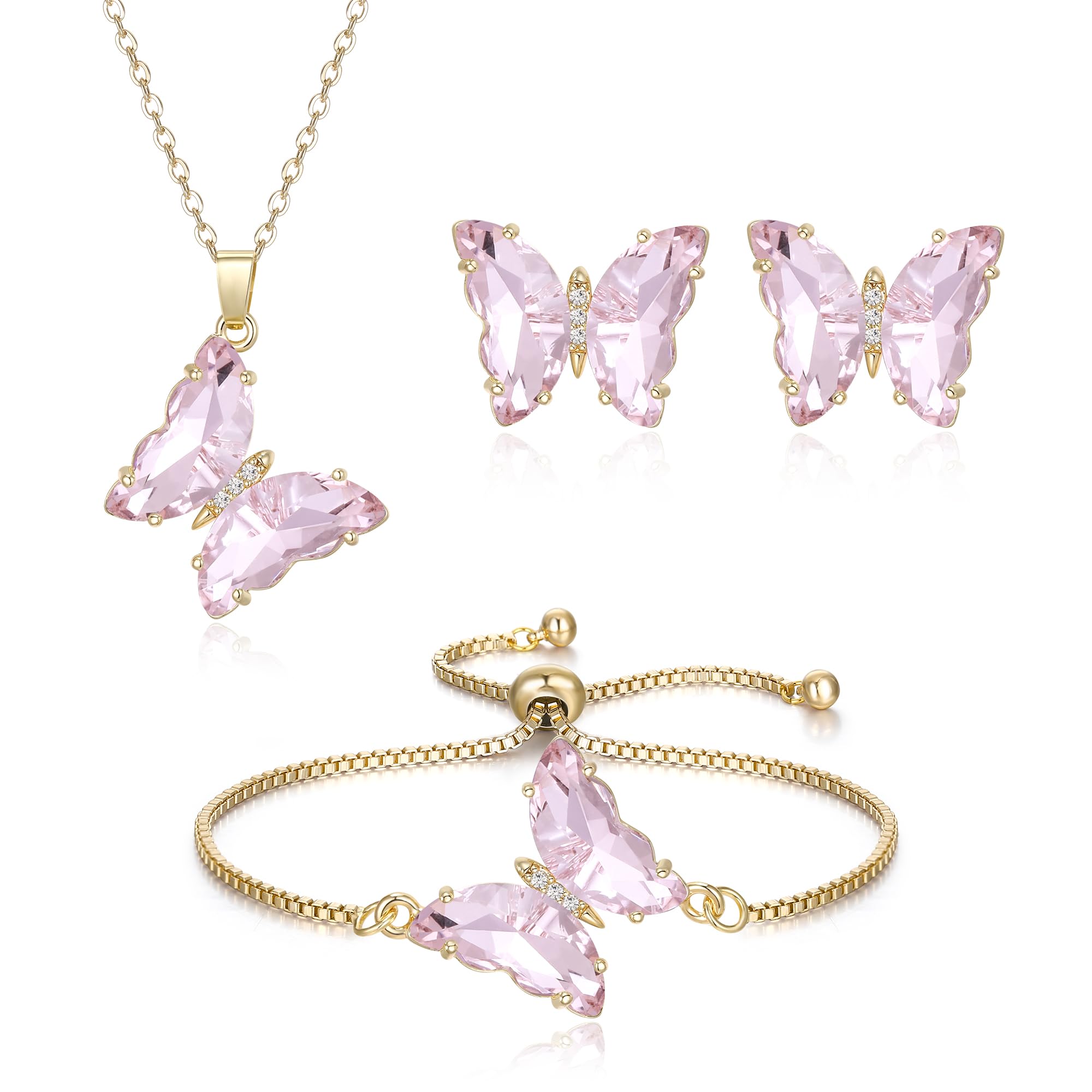 Crysdue Sparkling Cubic Zirconia Butterfly Necklace Stud Earrings Adjustable Slider Bracelet Jewelry Set, Birthday/Valentines/Mothers Day/Christmas Jewellery Gift for Women