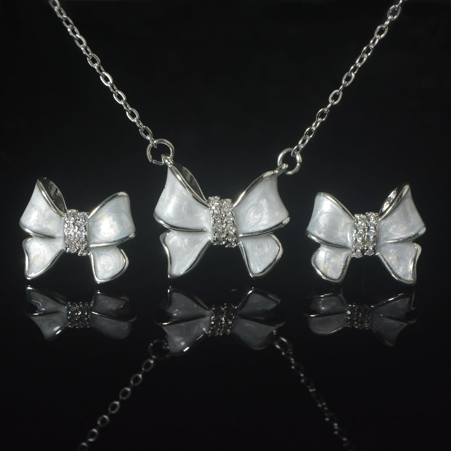 Silver Bow Earrings and Necklace Set for Women Elegant White Gold CZ Necklace & Stud Earrings Set with Clear Resin Drip, Dainty Matching Lovely Jewelry Gift for Her Mother (Birthday, Anniversary, Graduation, Christmas)