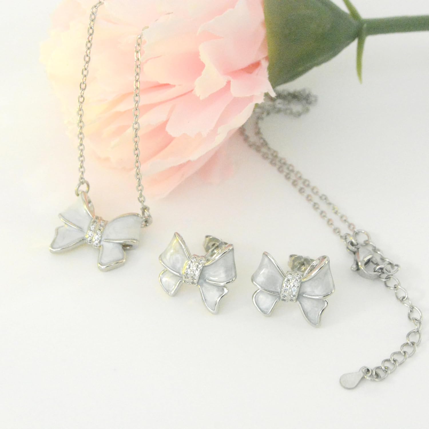 Silver Bow Earrings and Necklace Set for Women Elegant White Gold CZ Necklace & Stud Earrings Set with Clear Resin Drip, Dainty Matching Lovely Jewelry Gift for Her Mother (Birthday, Anniversary, Graduation, Christmas)