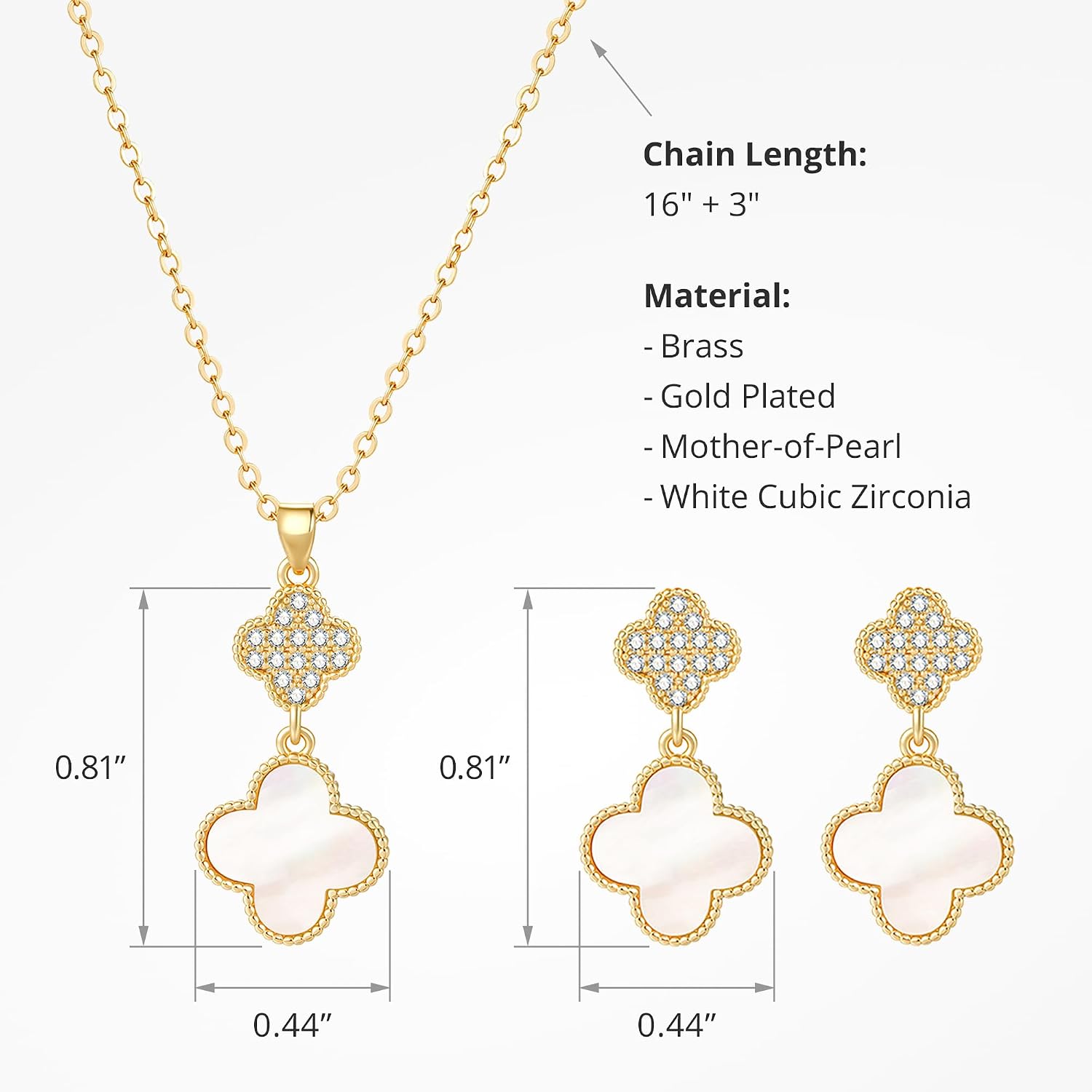 COBI Four Leaf Clover Necklace and Stud Earrings Jewelry Set White Black Green, 18k Gold Plated Clover Earrings Pendant Necklace, Clover Jewelry Set Gifts for Women
