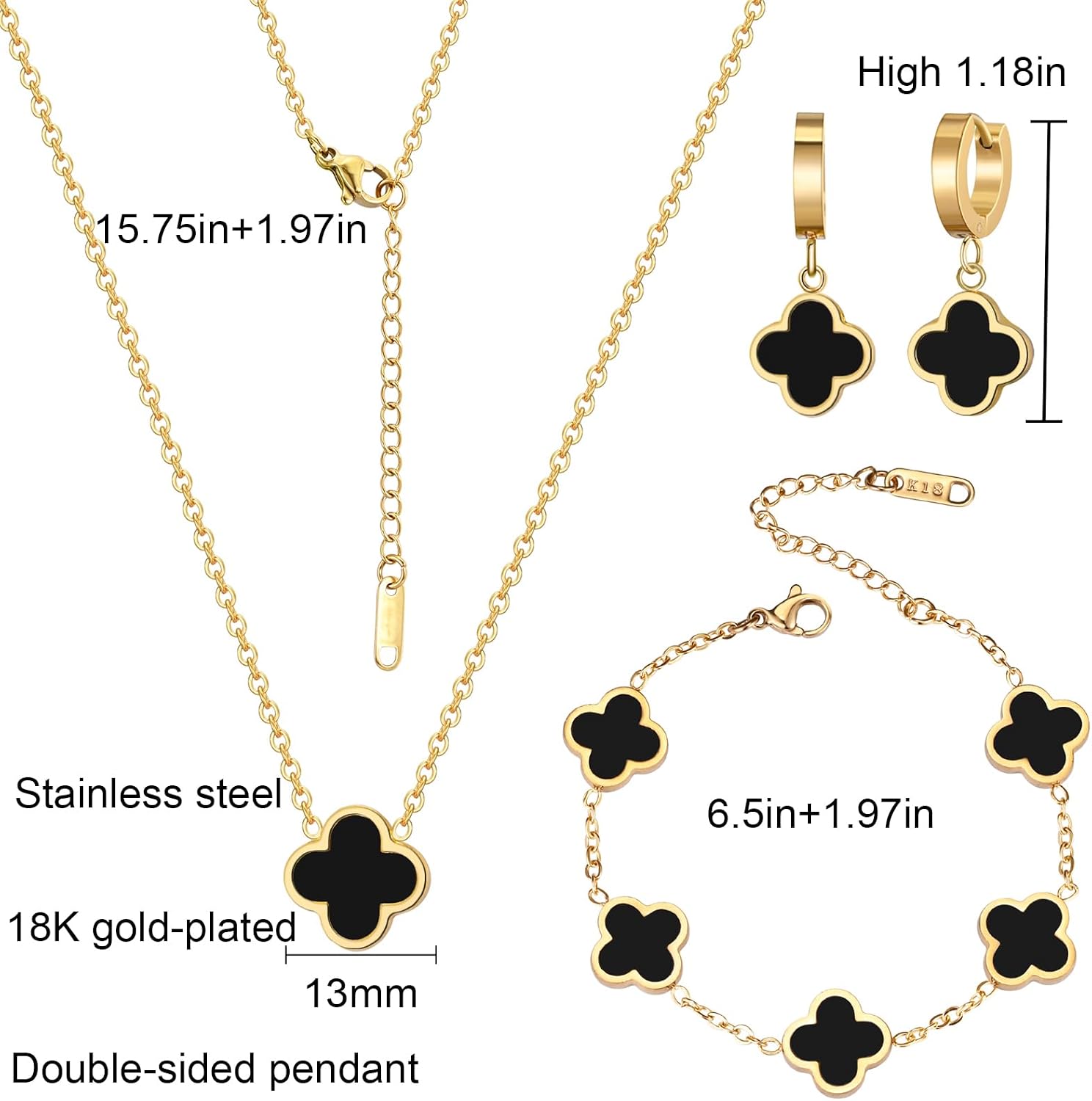18K Gold Plated Lucky Clover Jewelry Set Black White and Red Four Leaf Clove Bracelet Necklace and Earrings Fashion Birthday Gifts for Women