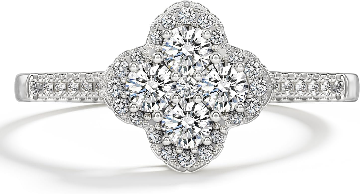 Moissanite Rings for Women 1.3ct Lucky Rings Four Leaf Clover Ring Promise Engagement Wedding Bands D Color VVS1 Moissanite Statement Rings Lucky Gifts for Women