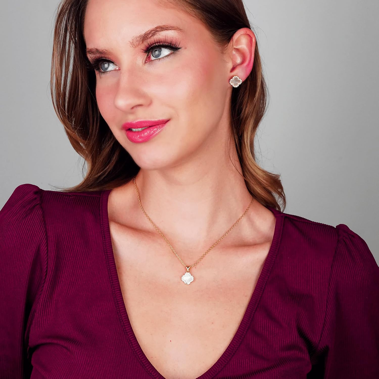 SHINYY Four Leaf Crystal Clover Necklace Earring Set for Women | 18K Gold Plated Cubic Zirconia Bracelet | 4 Leaf Lucky Pendant and Ear Studs | Jewelry Gift for Her