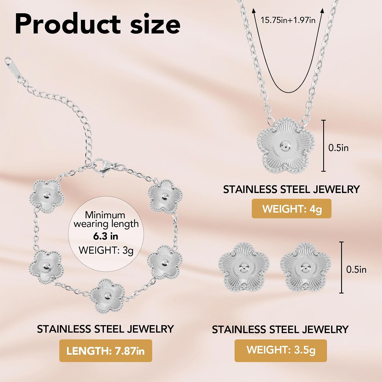 Hypoallergenic Women's Four Leaf Clover Jewelry Set 14K Gold-Plated Stainless Steel Clover Necklace Bracelet Earrings Fashionable And Exquisite Daily for Women Accessory Gift