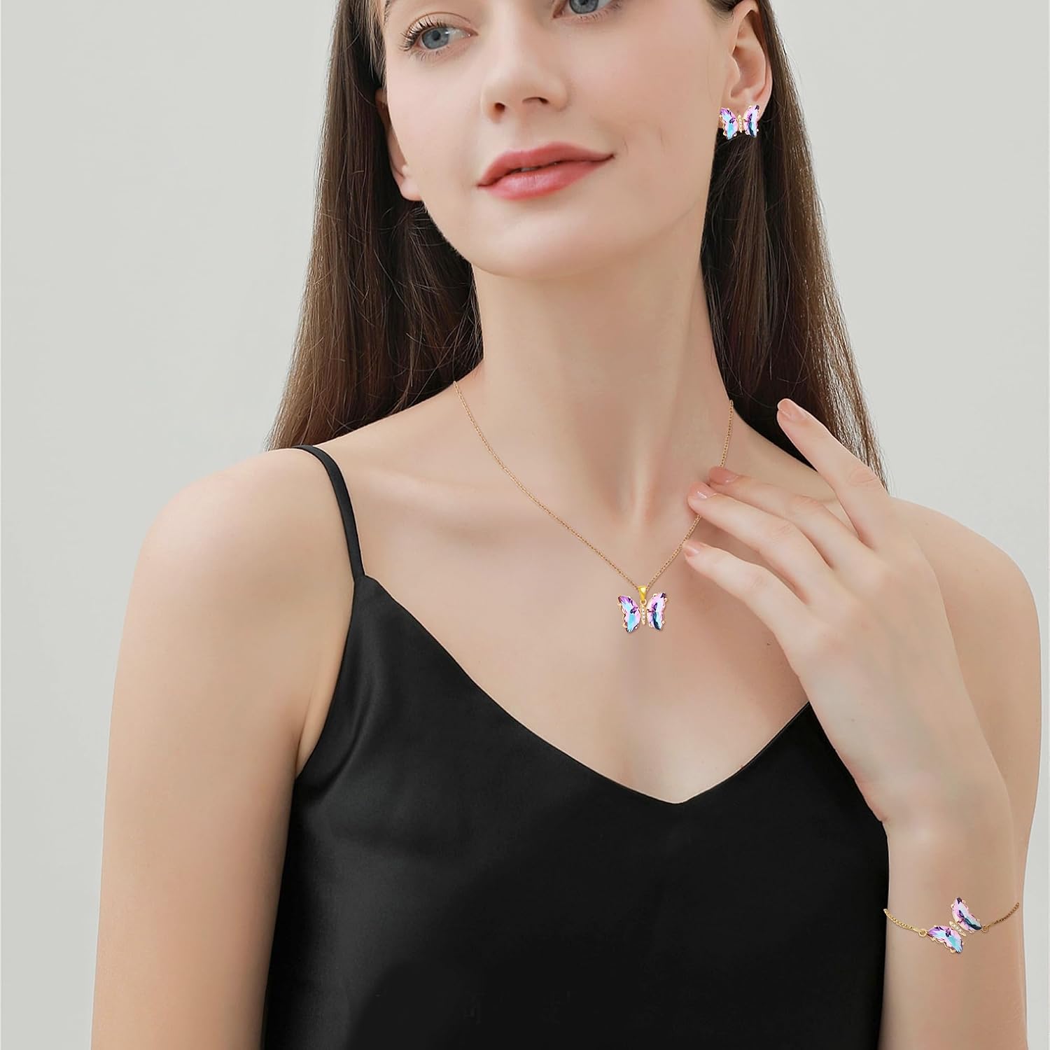 Butterfly Crystal Jewelry Set with Butterfly Necklace Stud Earrings Bolo Bracelet Adjustable Ring for Women Trendy, Iridescent Y2K Dainty Butterfly Jewelry Gifts