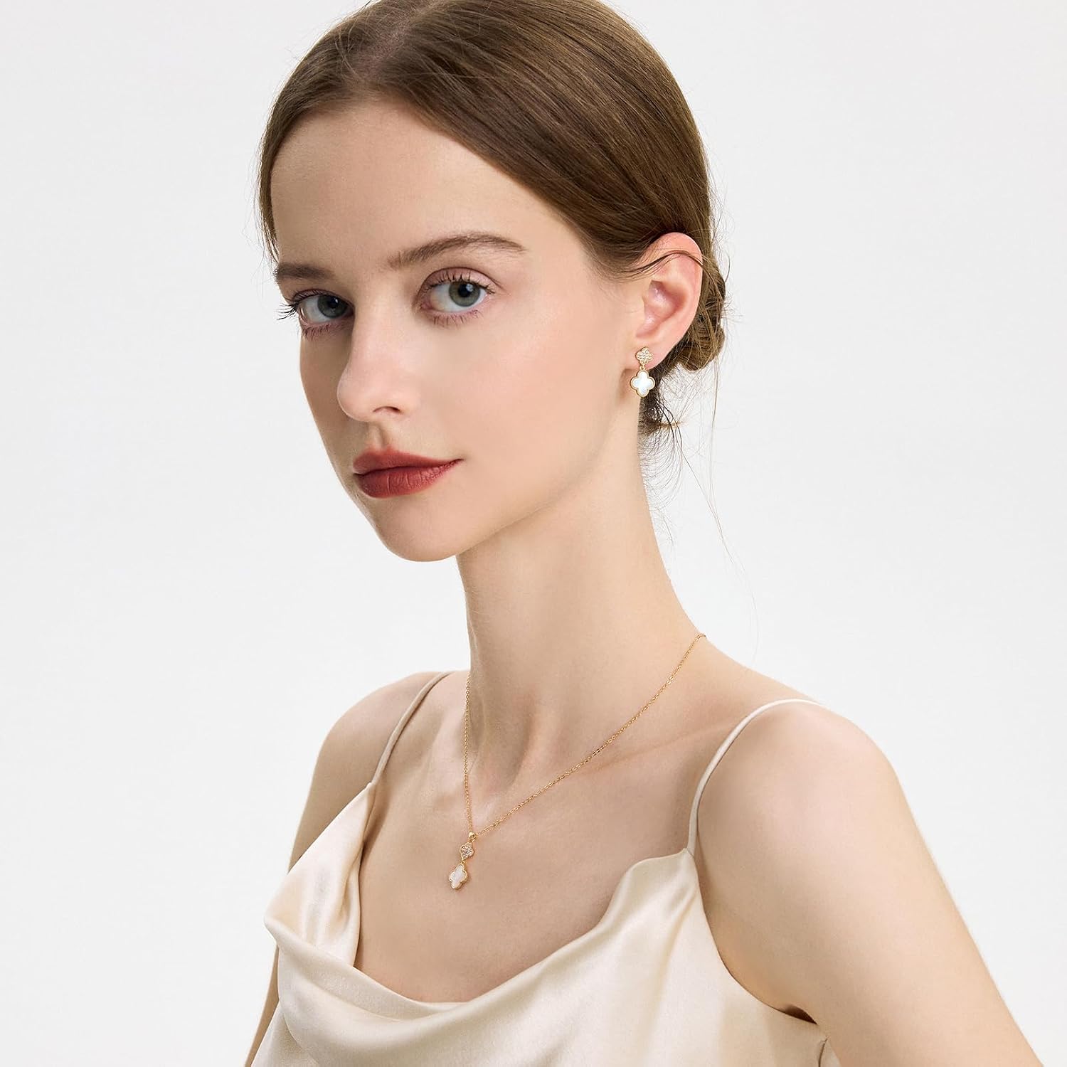 COBI Four Leaf Clover Necklace and Stud Earrings Jewelry Set White Black Green, 18k Gold Plated Clover Earrings Pendant Necklace, Clover Jewelry Set Gifts for Women