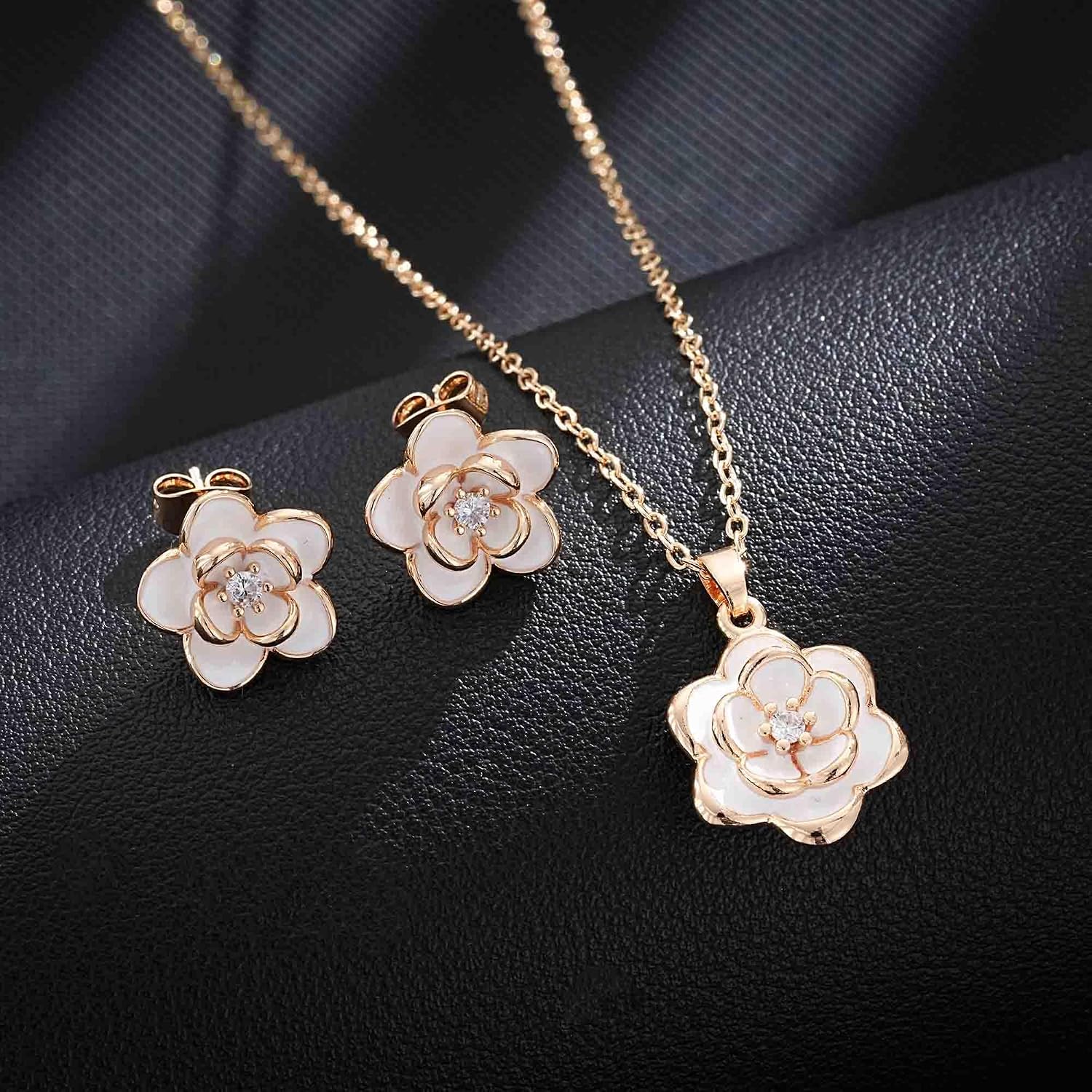 EVEVIC Dainty Flower Pendant Necklace Earrings for Women 14K Gold Plated Hypoallergenic Jewelry Sets