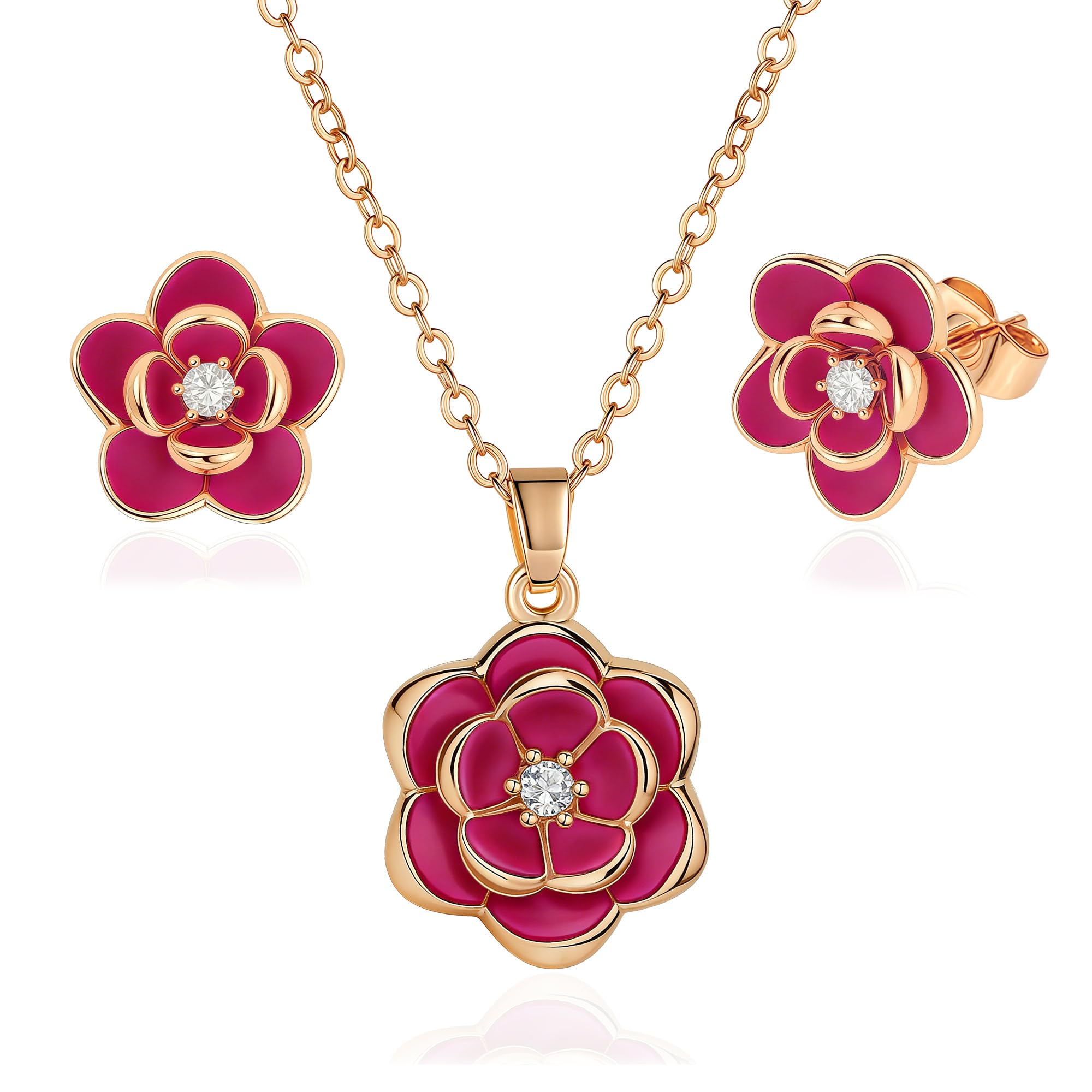 EVEVIC Dainty Flower Pendant Necklace Earrings for Women 14K Gold Plated Hypoallergenic Jewelry Sets