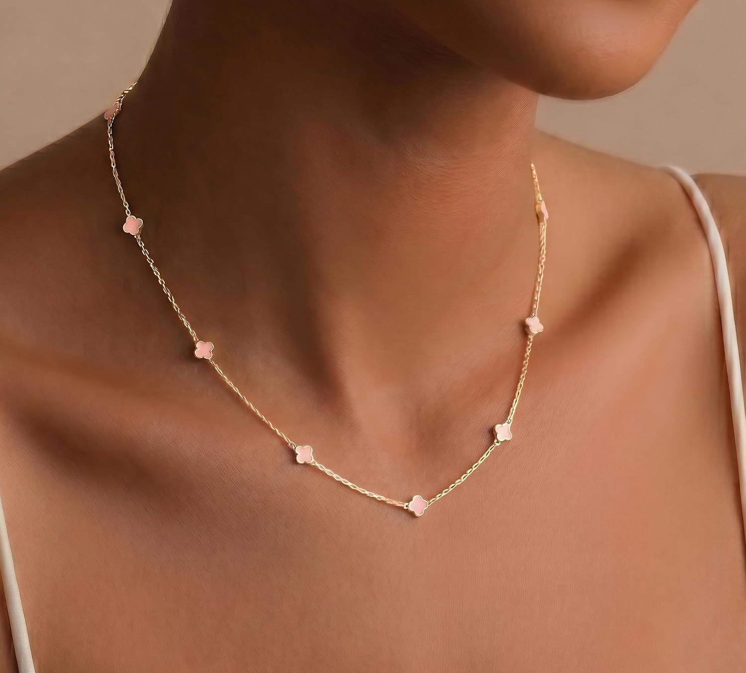 Billet-doux 14K Dainty Gold Plated Tiny Clovers Necklace For Women, Colorful Dainty Very Small 4-Leaf Clovers Gold Plated Choker Necklace, Stackable Jewelry Gifts Perfect for Her
