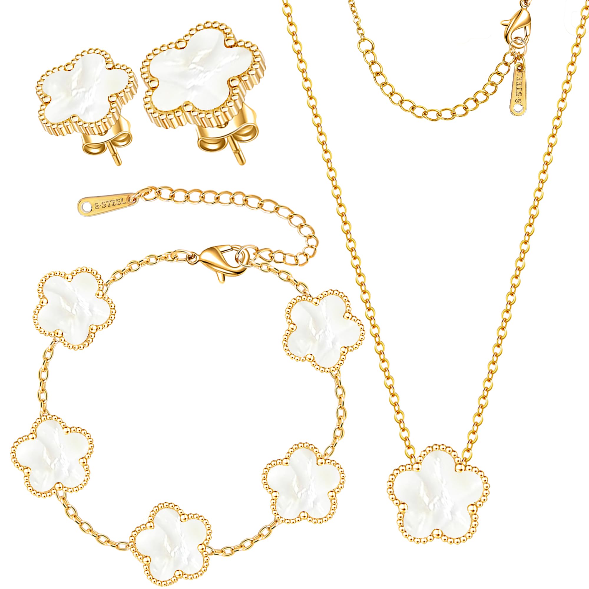 Clover Jewelry Set 3 PC - 18K Gold Plated Stainless Steel Y Necklace Four Leaf Pendant, Clover Link Bracelet Charm, Flower Earrings, Hypoallergenic Non-Tarnish,Simple Luxury Lucky Gifts for Women