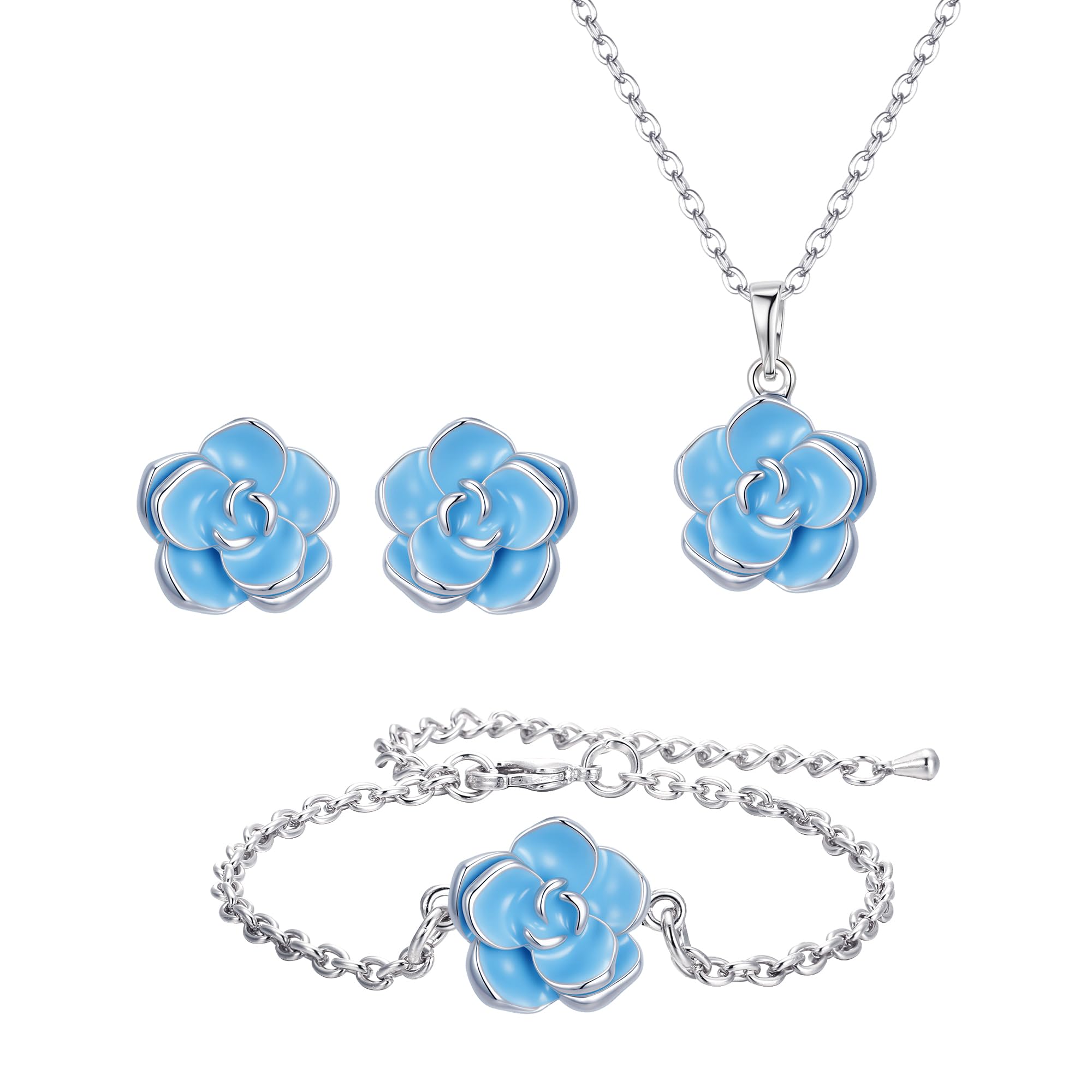 EleQueen Rose Flower Necklace Earrings Bracelet Set 14K Gold Plated Hypoallergenic Jewelry Sets Gift for Women