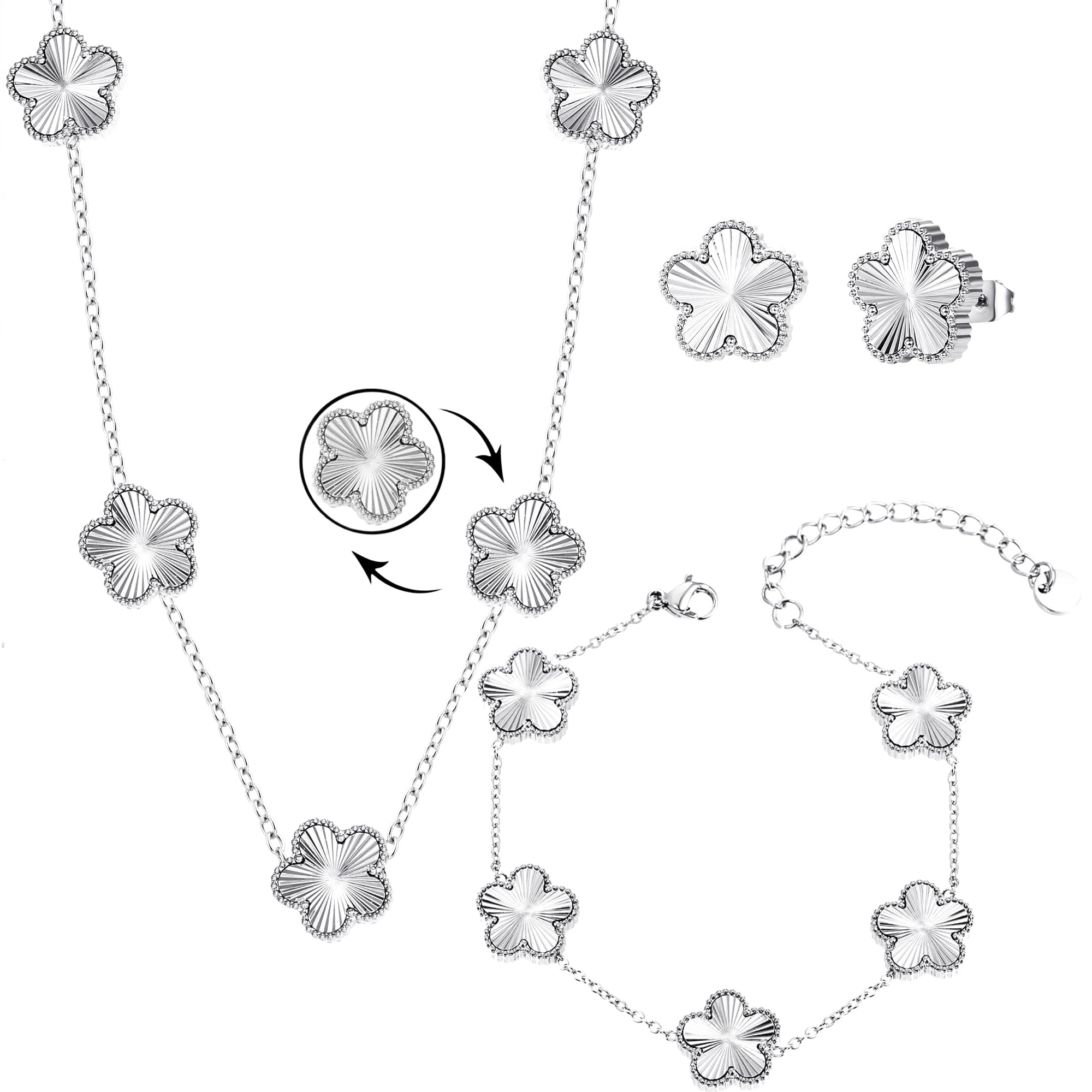 Clover Neckalce Bracelet Earring Set for Women 14K Gold Plated Stainless Steel Four Leaf Clover Jewelry Set