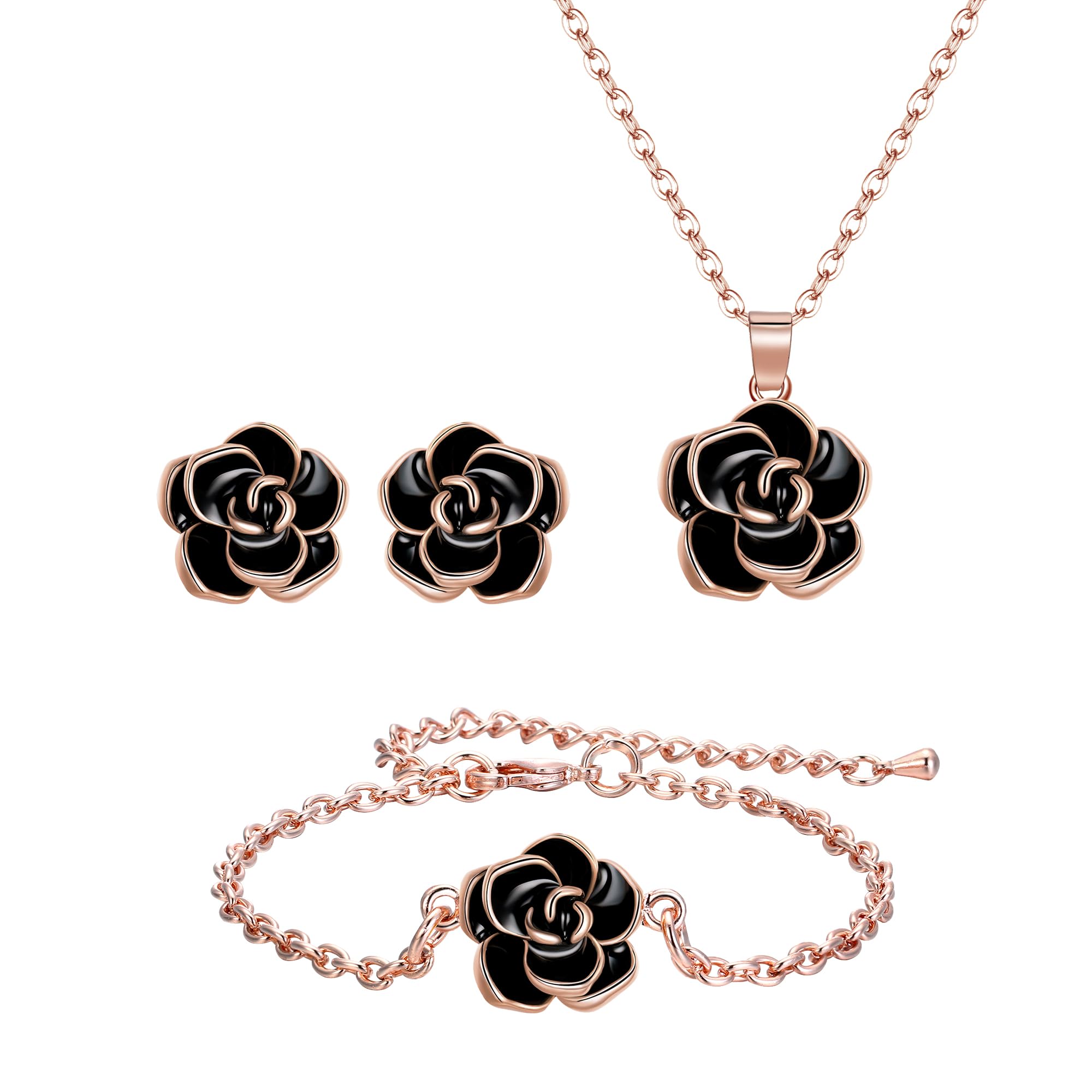 EleQueen Rose Flower Necklace Earrings Bracelet Set 14K Gold Plated Hypoallergenic Jewelry Sets Gift for Women