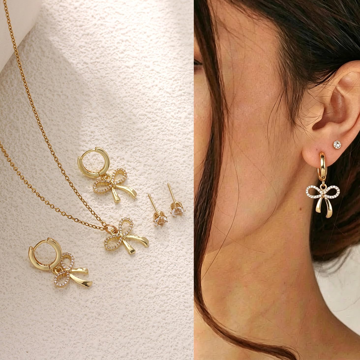 Bow Necklace Earrings for Women 14K Gold Plated Bowknot Choker Dainty Bow Earring Wedding Prom Fashion Jewelry Set Gifts (style - Zirconia bow)