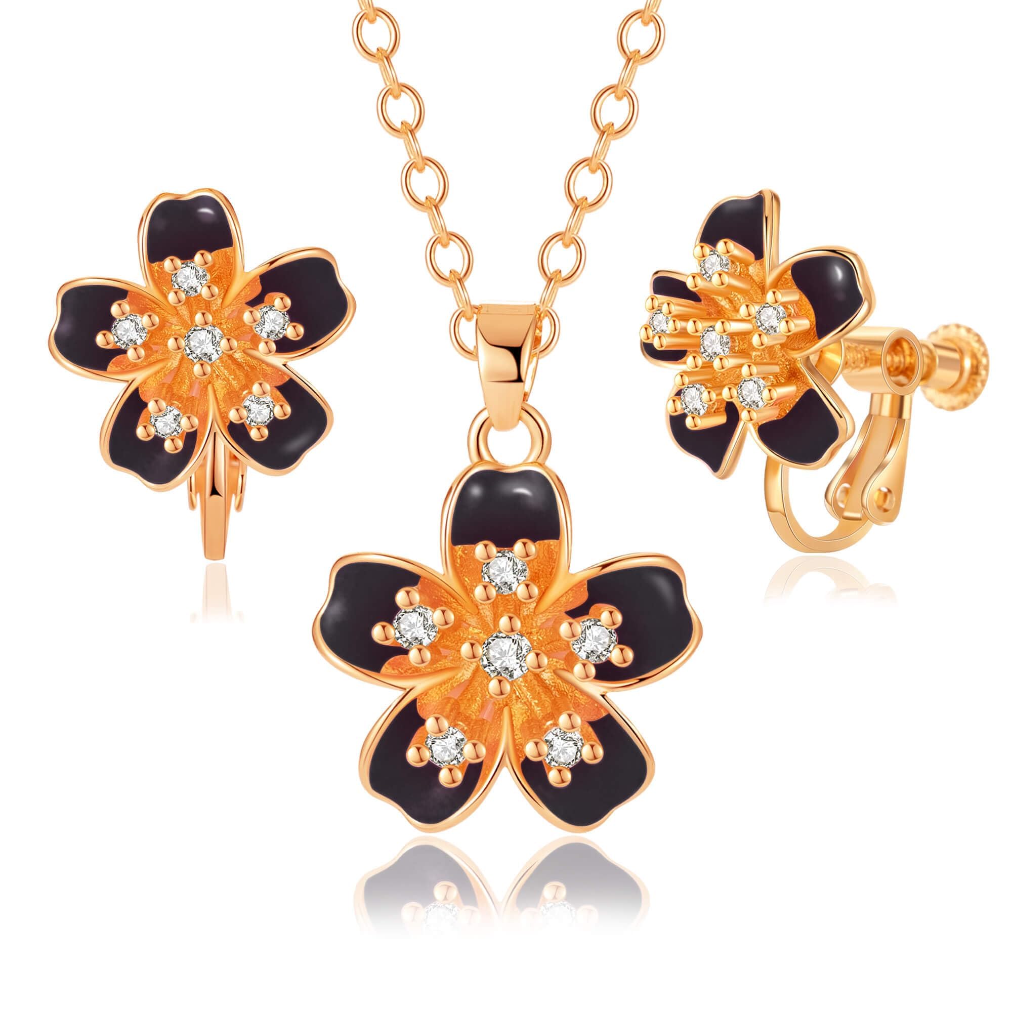 Austrian Crystal Enamel Flower Earrings and Necklace Jewelry Sets for Women | 14K gold plated brass,cute flower-shaped design,gift box,16+2" adjustable chain,women's jewelry set