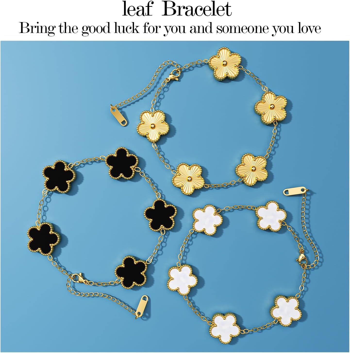 AICase 18K Gold Plated Clover Bracelet Dupes Gold/White/Black Bracelet Set for Women Flower Leaf Lucky Clover Bracelets Trendy Jewelry Birthday Gifts for Women/MoM/Friends