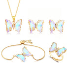 Butterfly Crystal Jewelry Set with Butterfly Necklace Stud Earrings Bolo Bracelet Adjustable Ring for Women Trendy, Iridescent Y2K Dainty Butterfly Jewelry Gifts