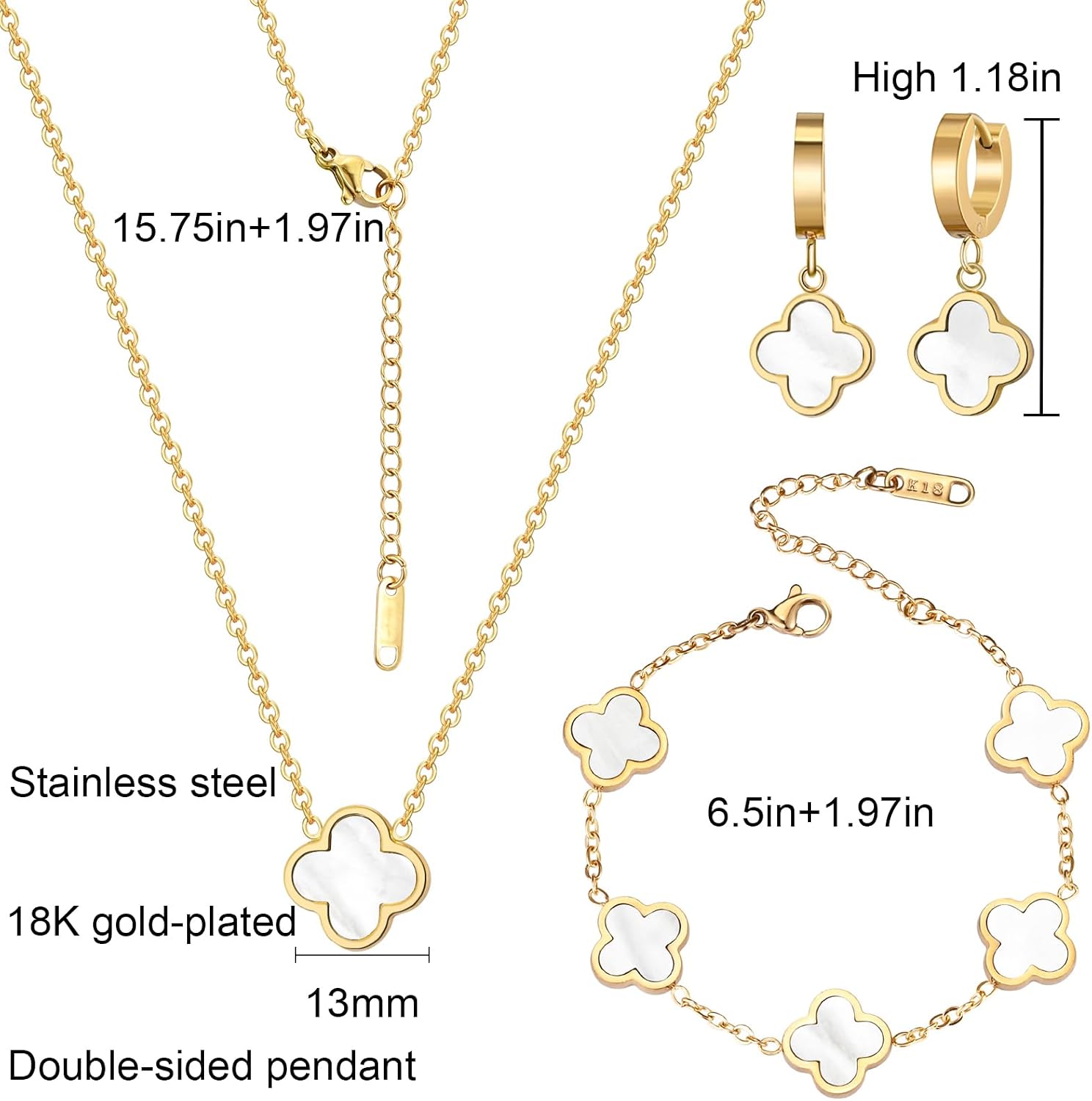 18K Gold Plated Lucky Clover Jewelry Set Black White and Red Four Leaf Clove Bracelet Necklace and Earrings Fashion Birthday Gifts for Women