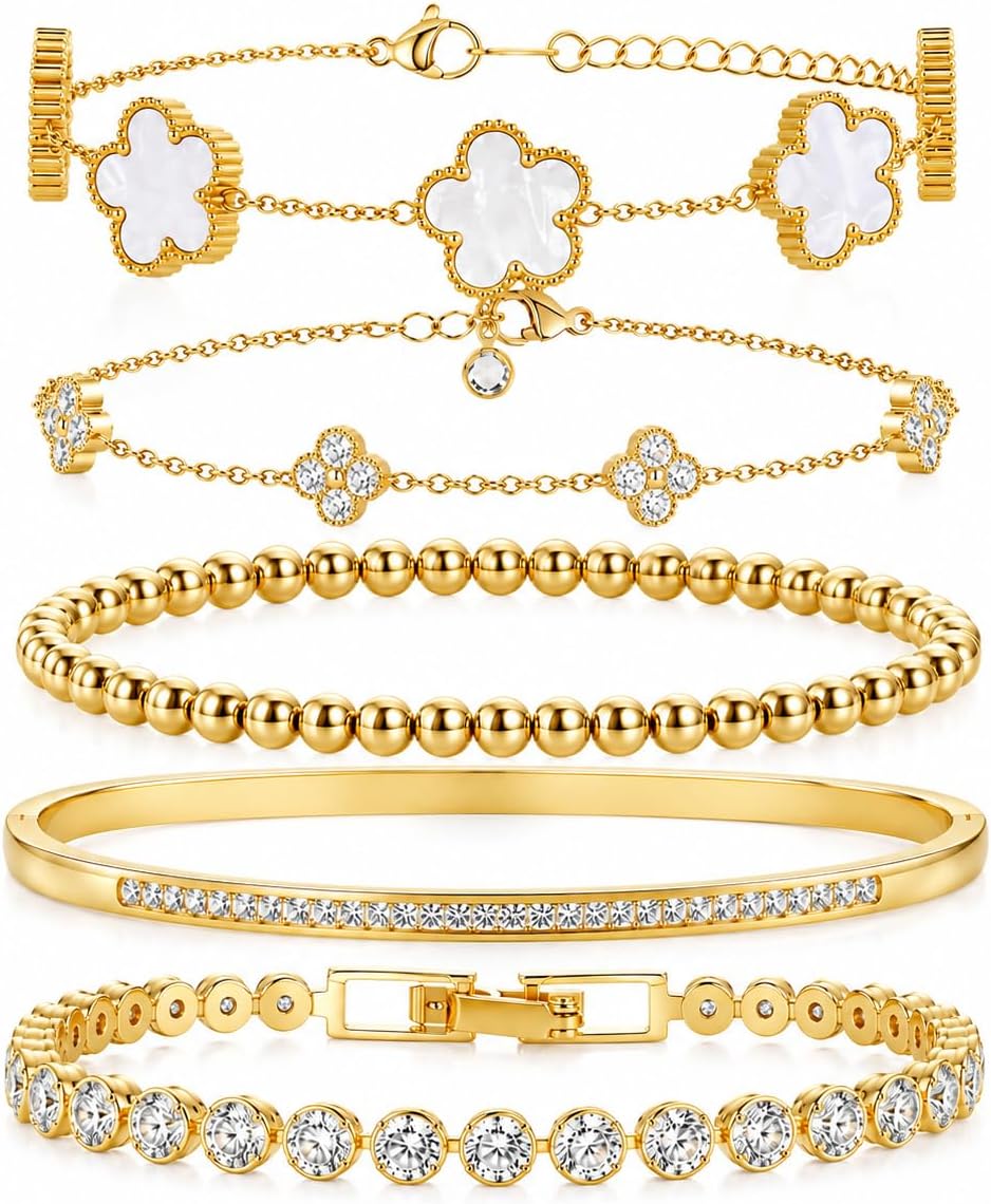 18K Gold Plated Clover Bracelet Set for Women - Four Leaf Lucky Clover Stackable Bracelets, Adjustable Beaded Chain Jewelry, Trendy Birthday Gift for Her