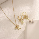 Bow Necklace Earrings for Women 14K Gold Plated Bowknot Choker Dainty Bow Earring Wedding Prom Fashion Jewelry Set Gifts (style - Zirconia bow)