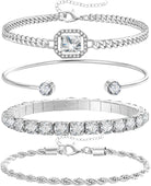 4 Pcs Dainty Gold Silver Bracelets Set for Women 14K Plated Link Cubic Zirconia Paperclip Stake Layering Chain Adjustable Trendy Hand Jewelry