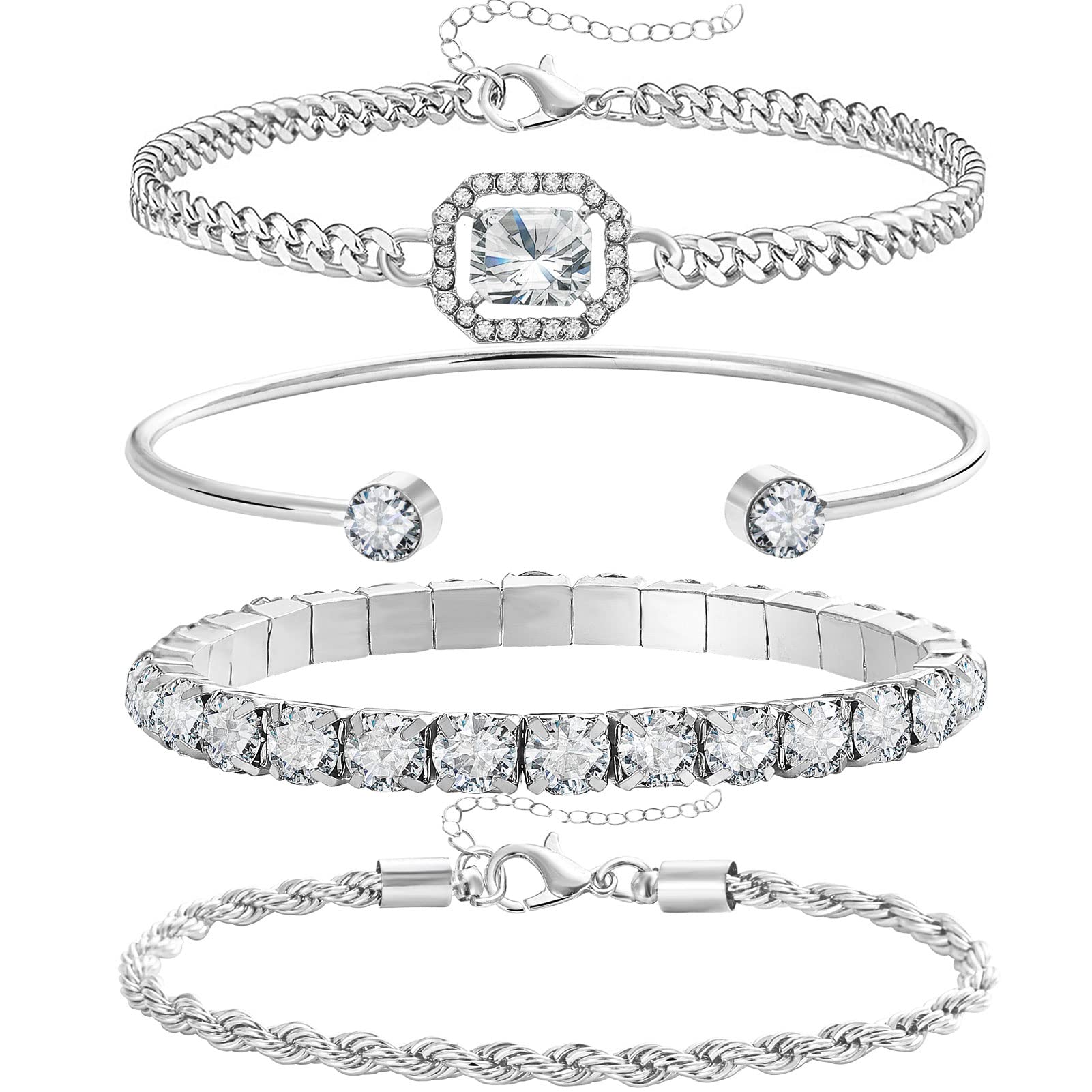 4 Pcs Dainty Gold Silver Bracelets Set for Women 14K Plated Link Cubic Zirconia Paperclip Stake Layering Chain Adjustable Trendy Hand Jewelry