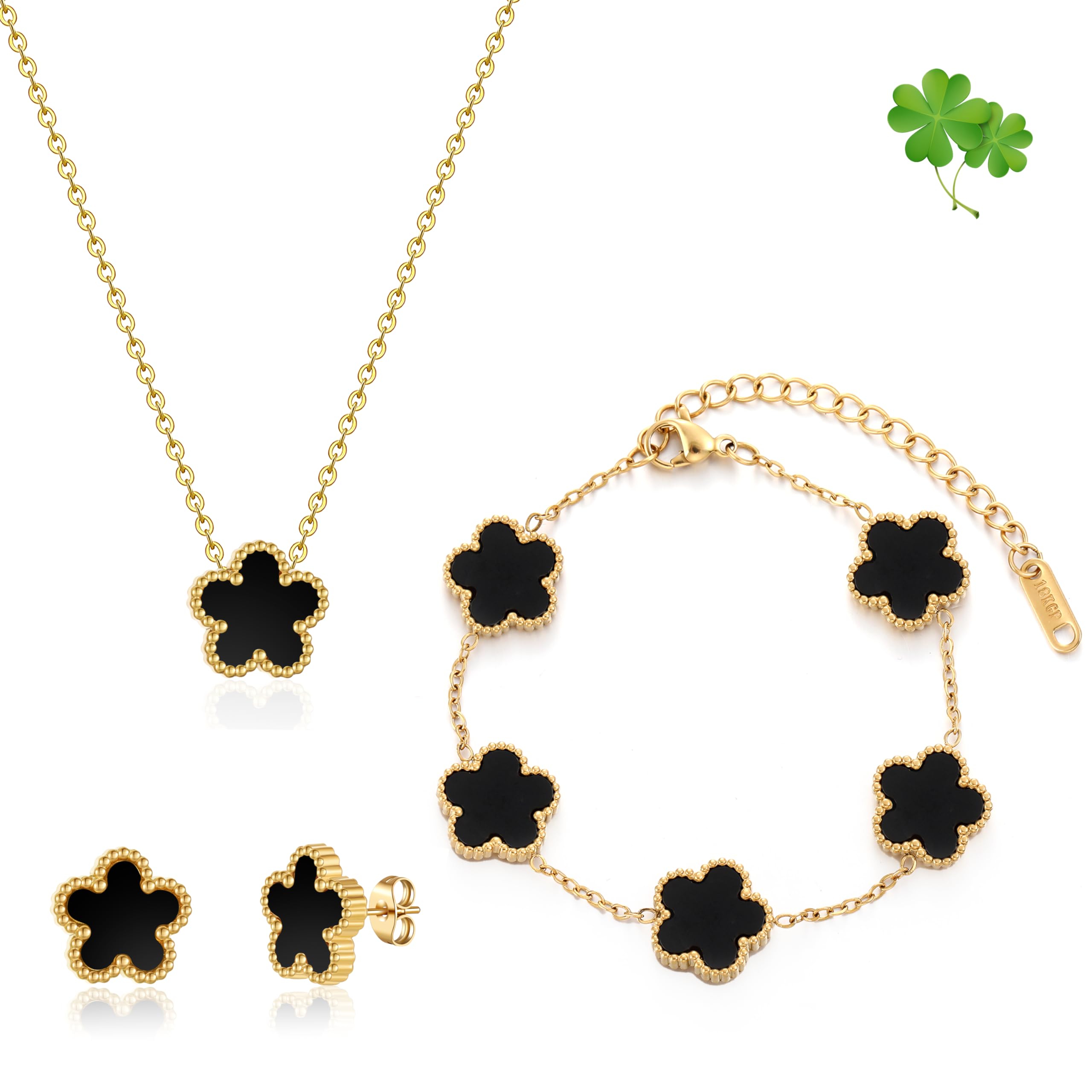 Four Leaf Clover Bracelet Set for Women - 18K Gold Plated Flower Lucky 4 Leaf Necklace Bracelet Earrings Jewelry Sets Gift for Women