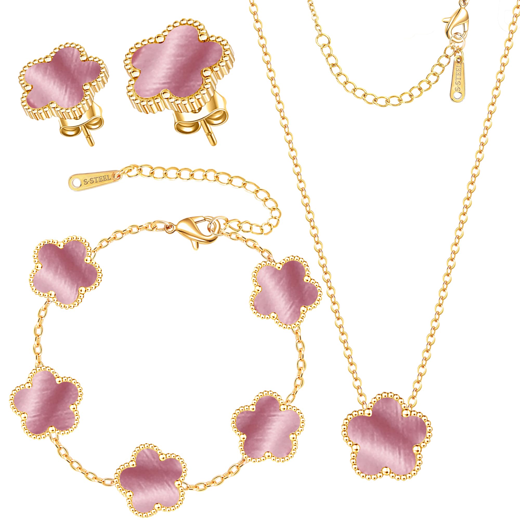 Clover Jewelry Set 3 PC - 18K Gold Plated Stainless Steel Y Necklace Four Leaf Pendant, Clover Link Bracelet Charm, Flower Earrings, Hypoallergenic Non-Tarnish,Simple Luxury Lucky Gifts for Women