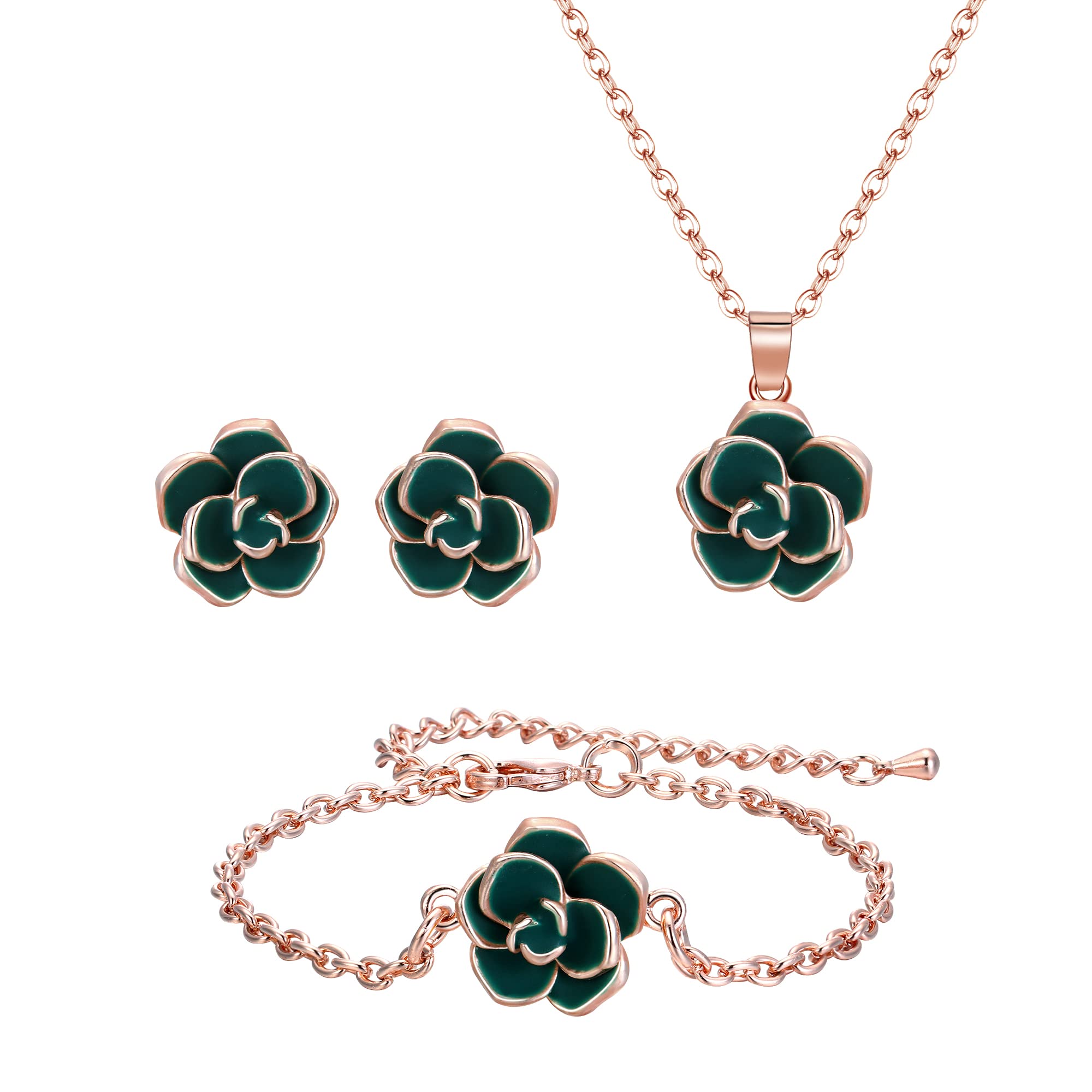 EleQueen Rose Flower Necklace Earrings Bracelet Set 14K Gold Plated Hypoallergenic Jewelry Sets Gift for Women