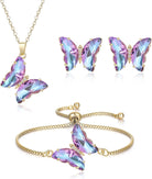 Crysdue Sparkling Cubic Zirconia Butterfly Necklace Stud Earrings Adjustable Slider Bracelet Jewelry Set, Birthday/Valentines/Mothers Day/Christmas Jewellery Gift for Women