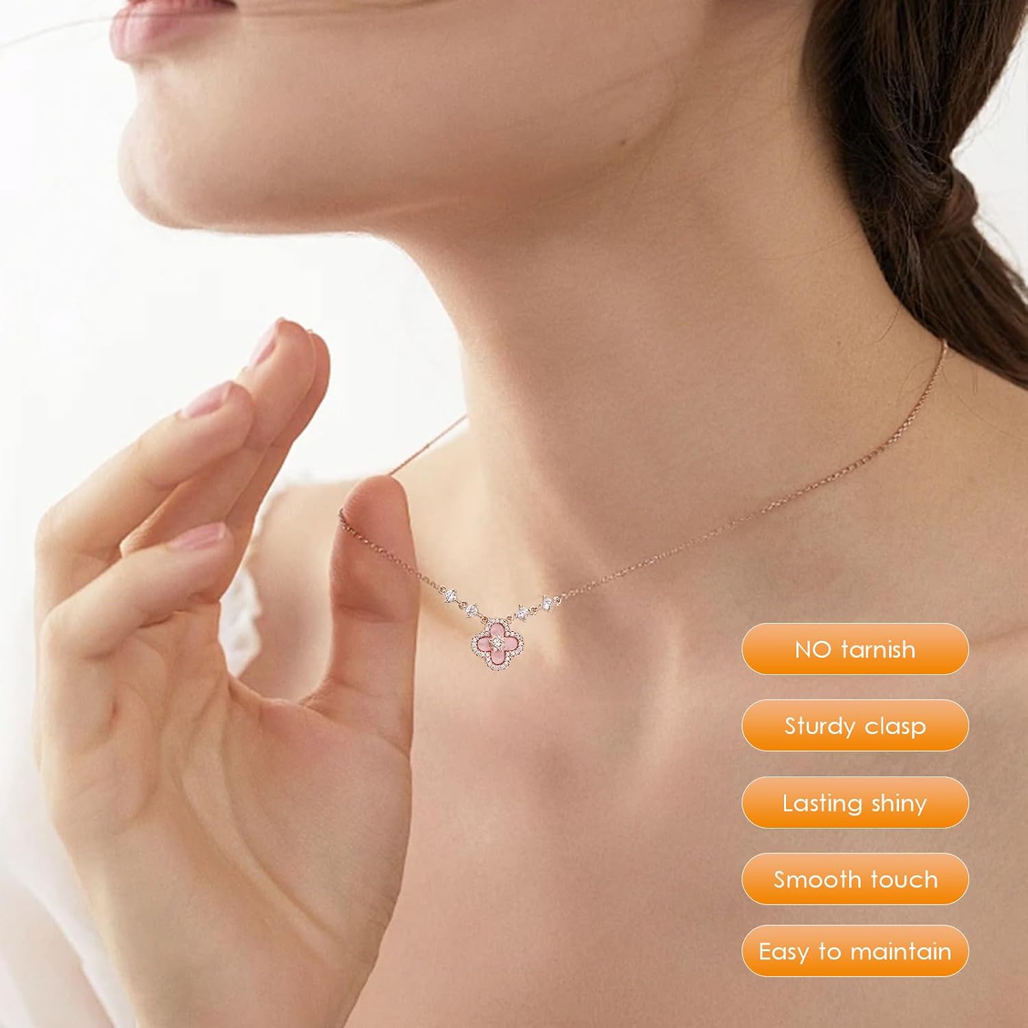 Women's 18K Gold Plated Clover Necklace with White Natural Shell - Four Leaf Lucky Charm Dainty Link Necklaces Jewelry for Women, Trendy Birthday/Mother's Day Gift