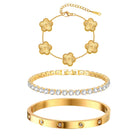 Womens Stackable Floral Gold Bracelets - 3Pcs 18K Gold Plated Bracelet,Stainless Steel Bangle Bracelets Non Tarnish, Gold Bracelet Set Trendy Jewelry,Christmas Valentines Birthday Gifts for Girlfriend