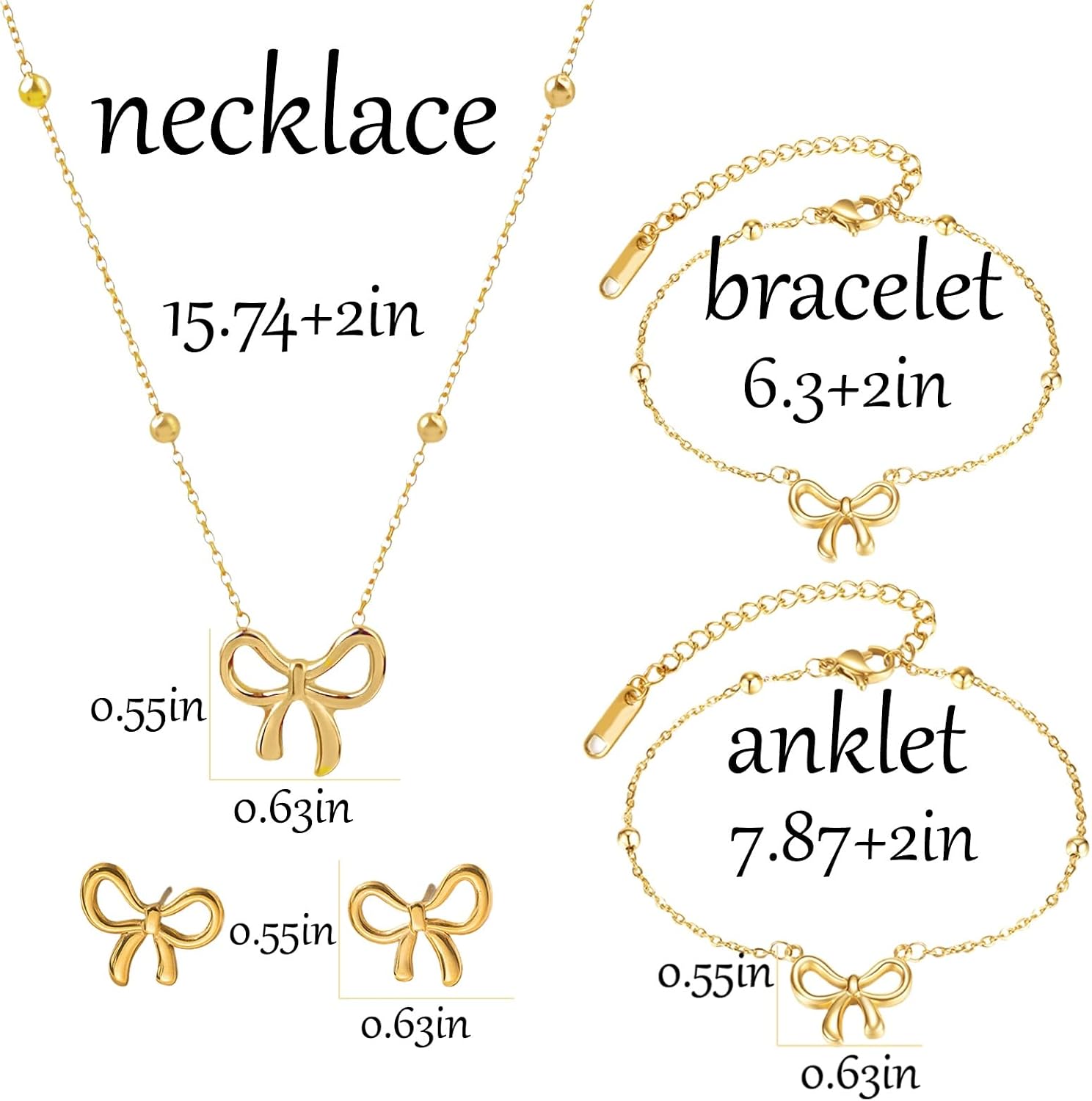 WETMT 4Pcs 14K Gold Plated Bow Necklace Earring Bracelet Anklet Set for Women Cute Dainty Stainless Steel Chain Bow Pendent Choker Necklace Set Stuff Personalized Jewelry Gift