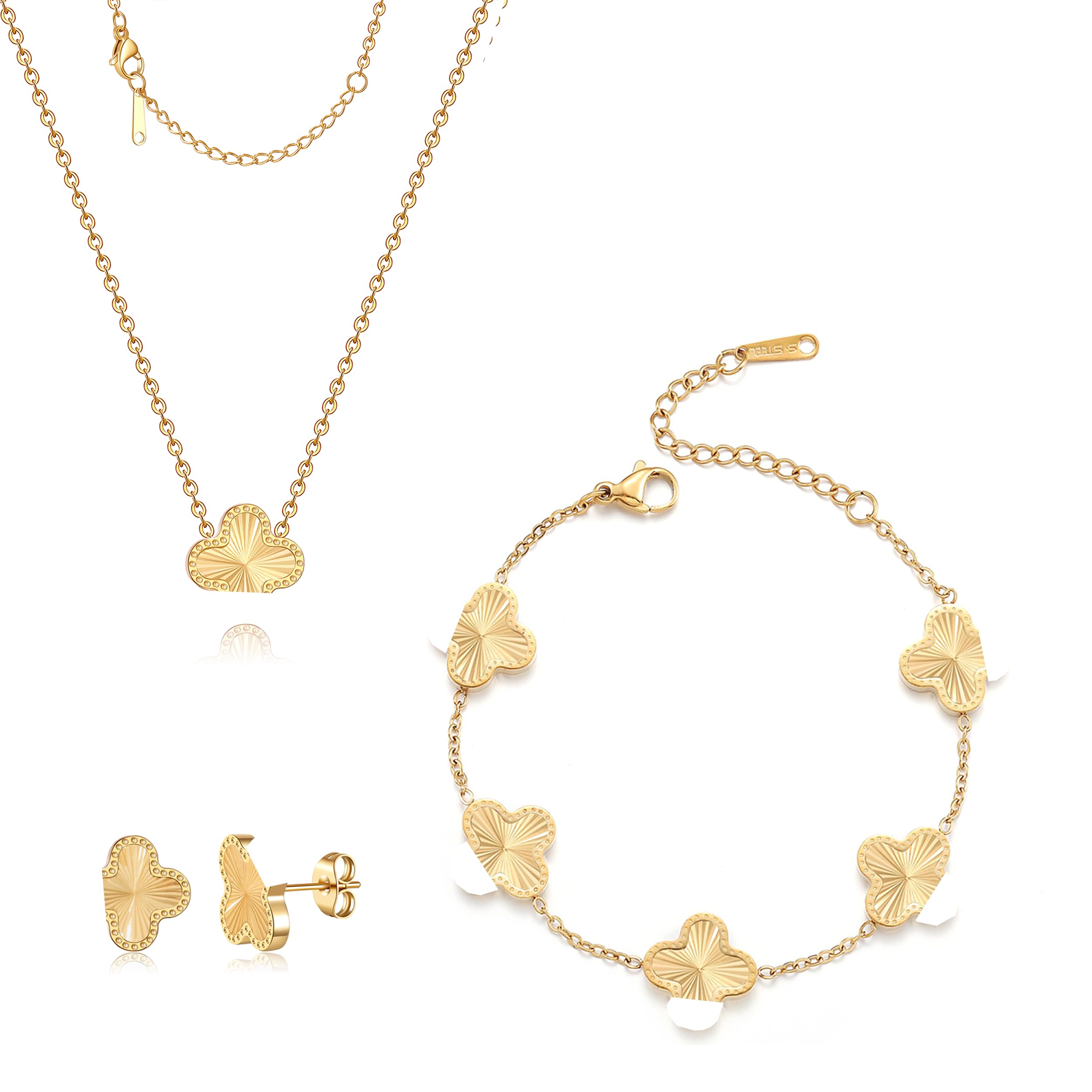 TICVRSS Lucky Clover Sets, 18K Gold Plated Four Leaf Clover Bracelet, Necklace Pendant, Earrings for Women Flower Link Bracelets Set Jewelry Gifts for Women