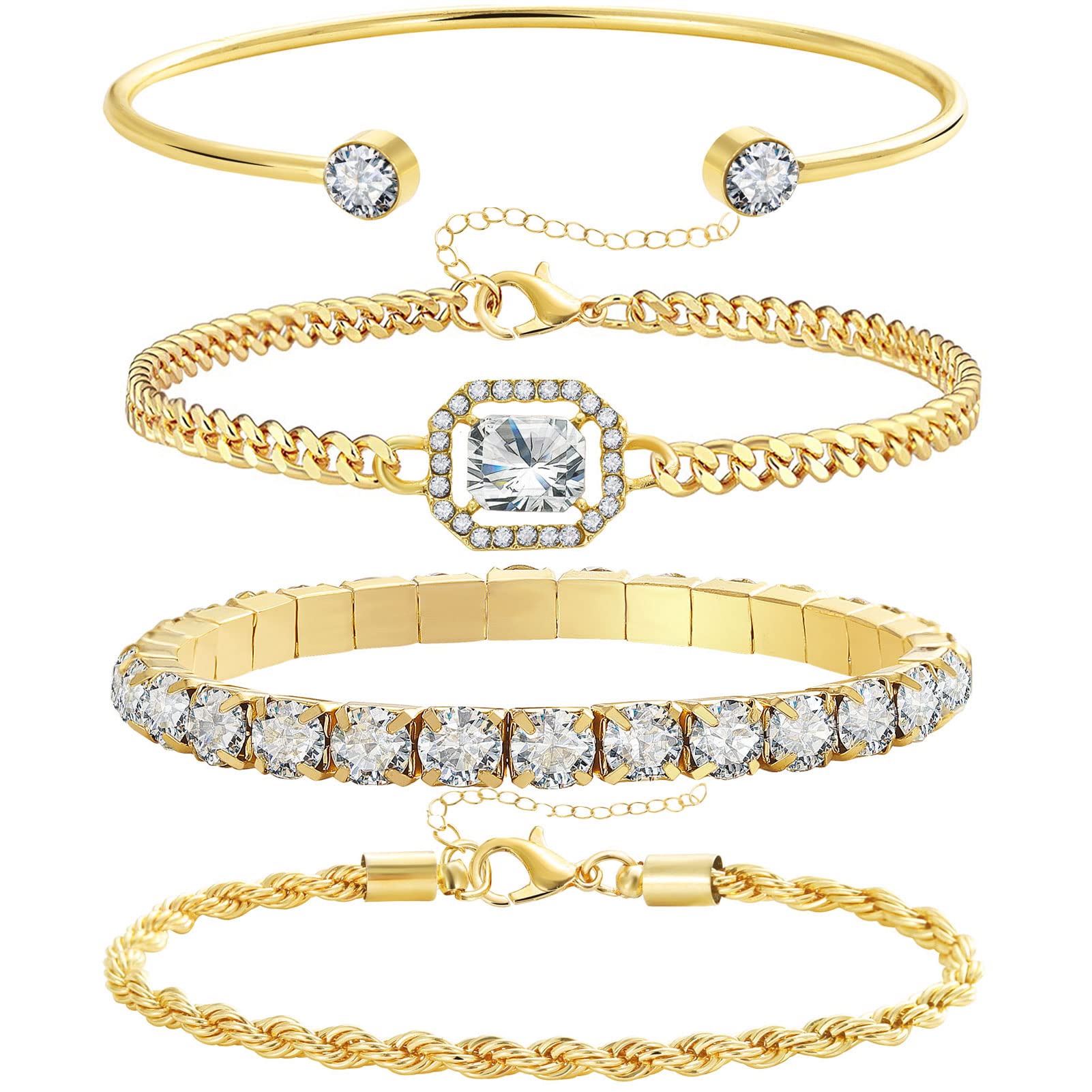 4 Pcs Dainty Gold Silver Bracelets Set for Women 14K Plated Link Cubic Zirconia Paperclip Stake Layering Chain Adjustable Trendy Hand Jewelry