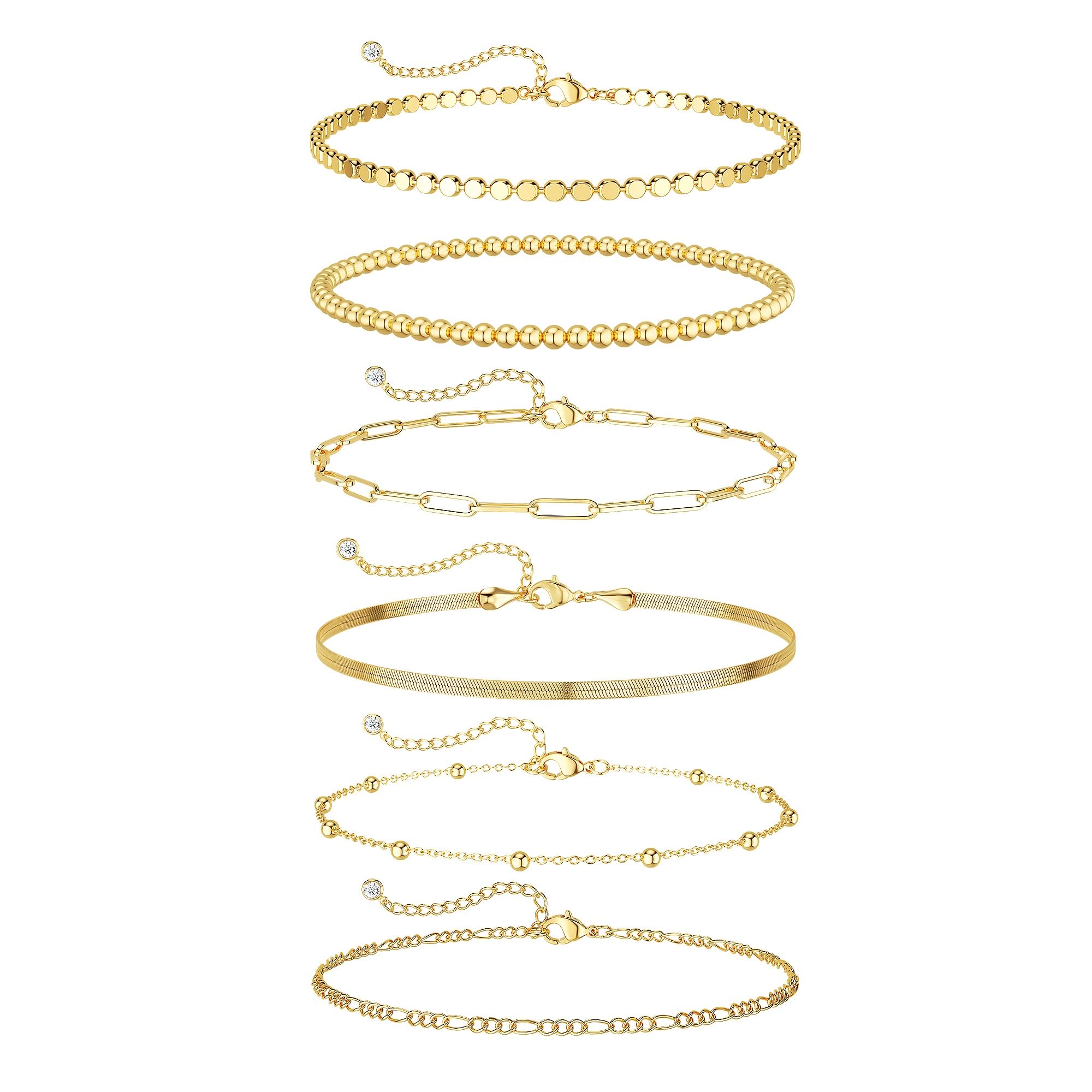 DEARMAY 6PCS Gold&Silver Bracelets Set for Women Dainty, Stackable Sterling Silver Plated Beaded Figaro Herringbone Paperclip Chain Waterproof, Layered Bracelets Set Gifts for Women Mom Her