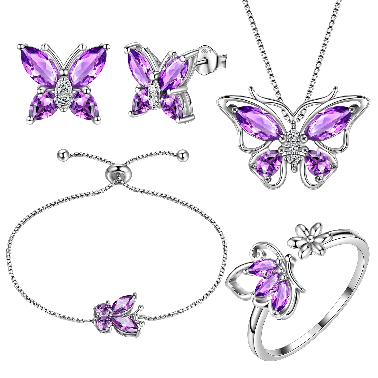 Aurora Tears Butterfly Jewelry,Women 925 Sterling Silver Butterflies Birthstone Pendant Necklace/Earrings/Rings Wedding Gift