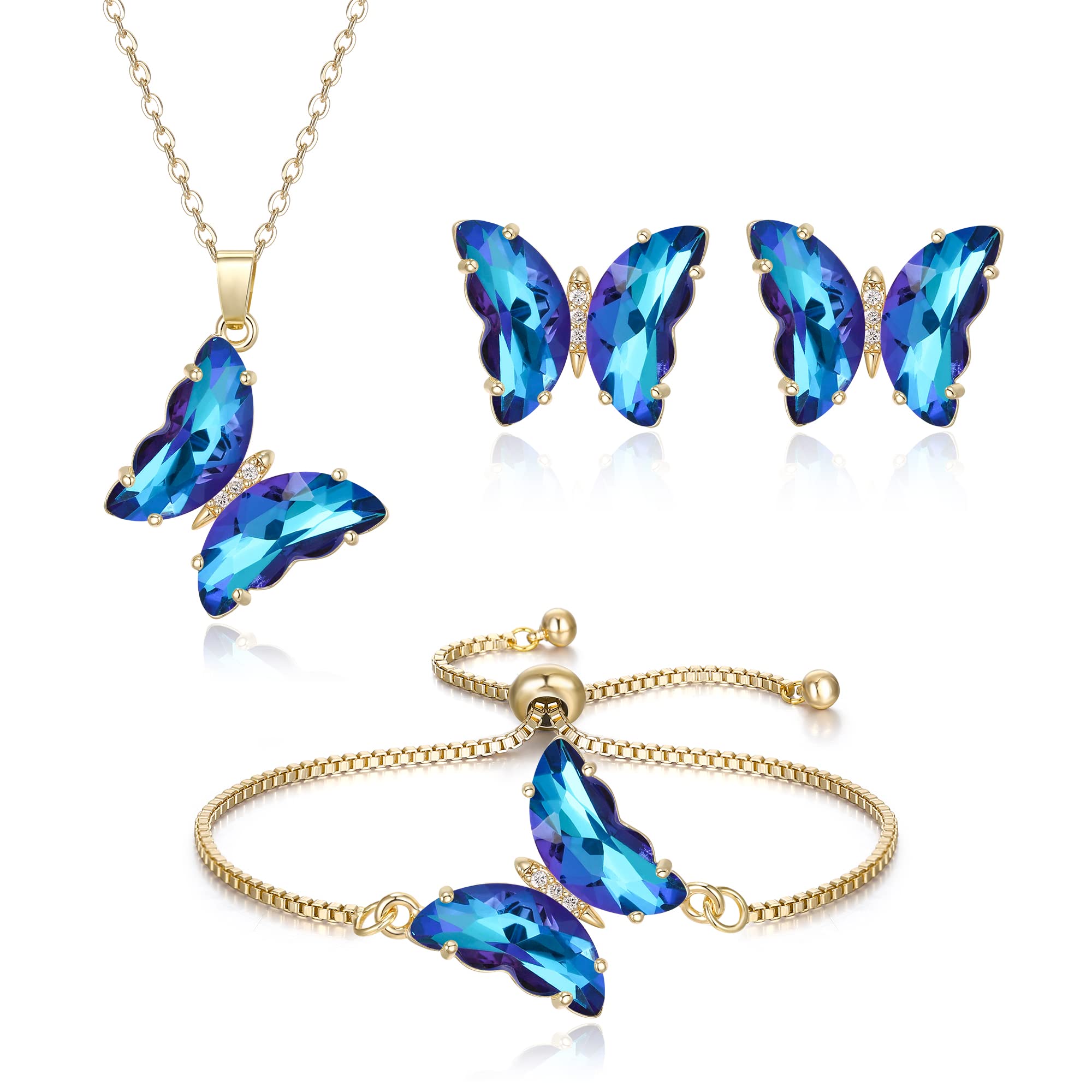 Crysdue Sparkling Cubic Zirconia Butterfly Necklace Stud Earrings Adjustable Slider Bracelet Jewelry Set, Birthday/Valentines/Mothers Day/Christmas Jewellery Gift for Women