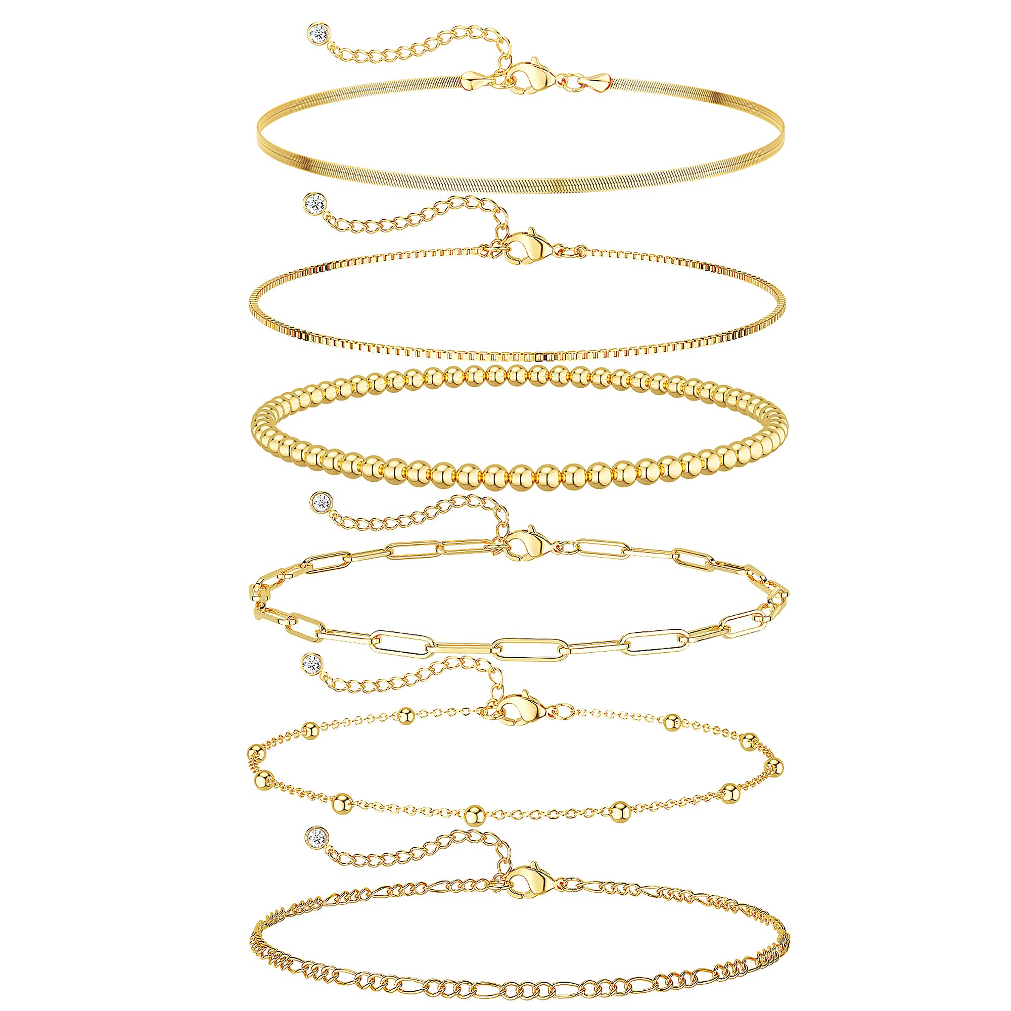 DEARMAY 6PCS Gold&Silver Bracelets Set for Women Dainty, Stackable Sterling Silver Plated Beaded Figaro Herringbone Paperclip Chain Waterproof, Layered Bracelets Set Gifts for Women Mom Her