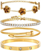 18K Gold Plated Bangle Bracelet Set for Women Stackable Lucky Floral Adjustable Tennis Bracelet Non Tarnish Gift Jewelry for Christmas Valentines Birthday Mother's Day