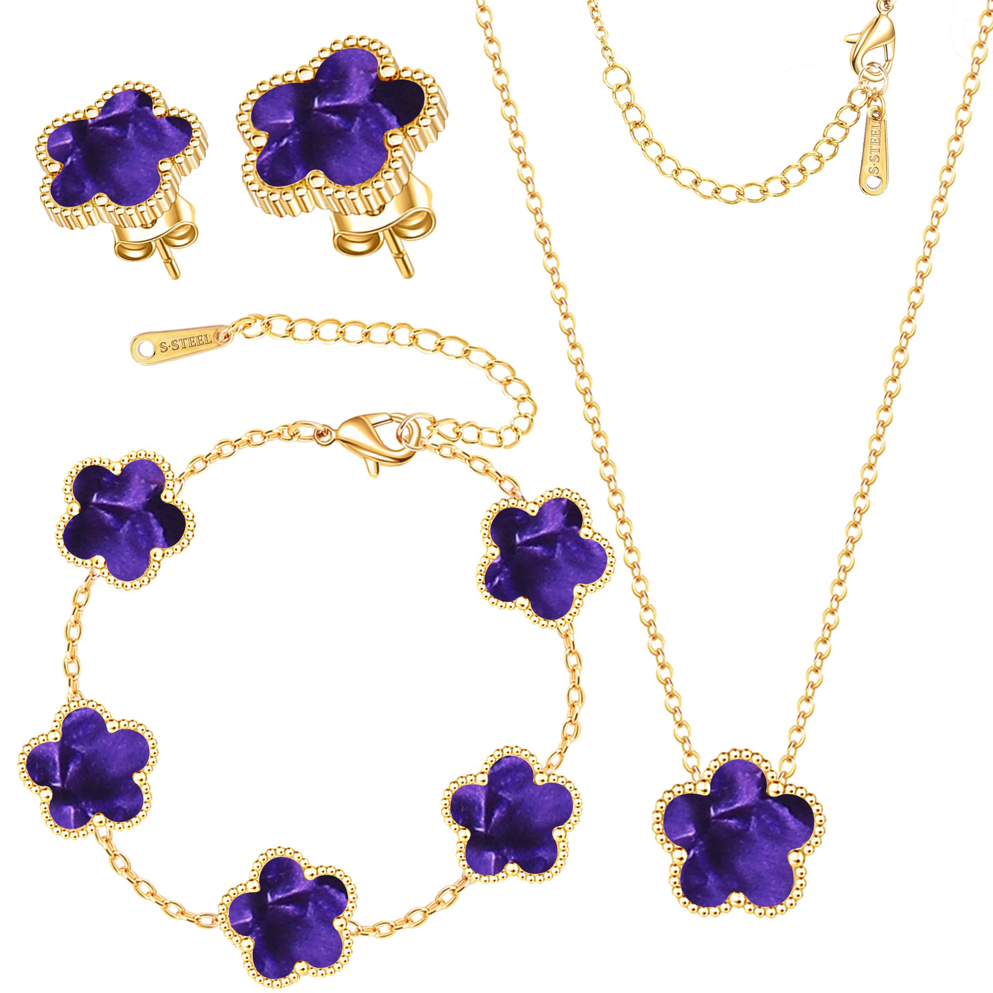 Clover Jewelry Set 3 PC - 18K Gold Plated Stainless Steel Y Necklace Four Leaf Pendant, Clover Link Bracelet Charm, Flower Earrings, Hypoallergenic Non-Tarnish,Simple Luxury Lucky Gifts for Women