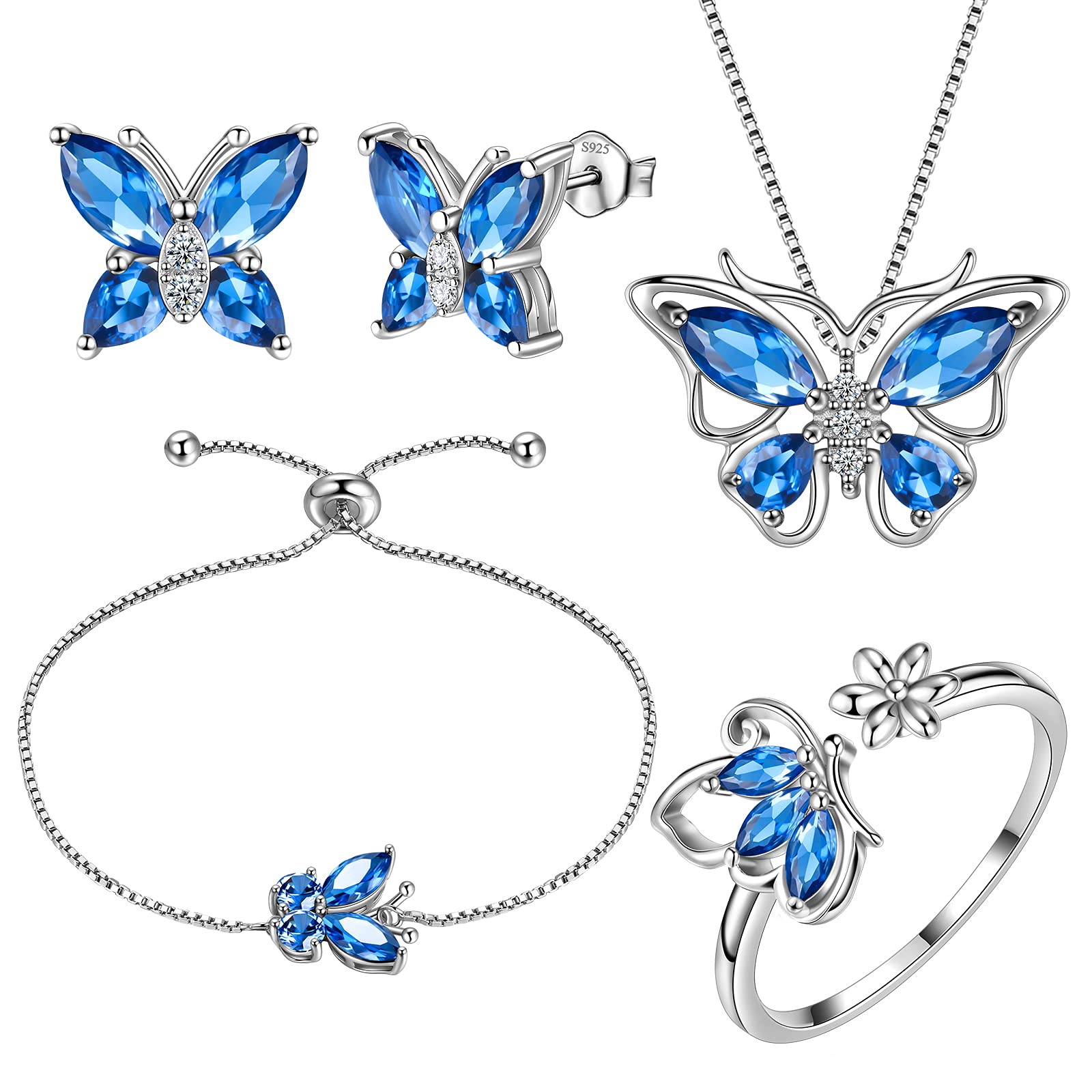 Aurora Tears Butterfly Jewelry,Women 925 Sterling Silver Butterflies Birthstone Pendant Necklace/Earrings/Rings Wedding Gift