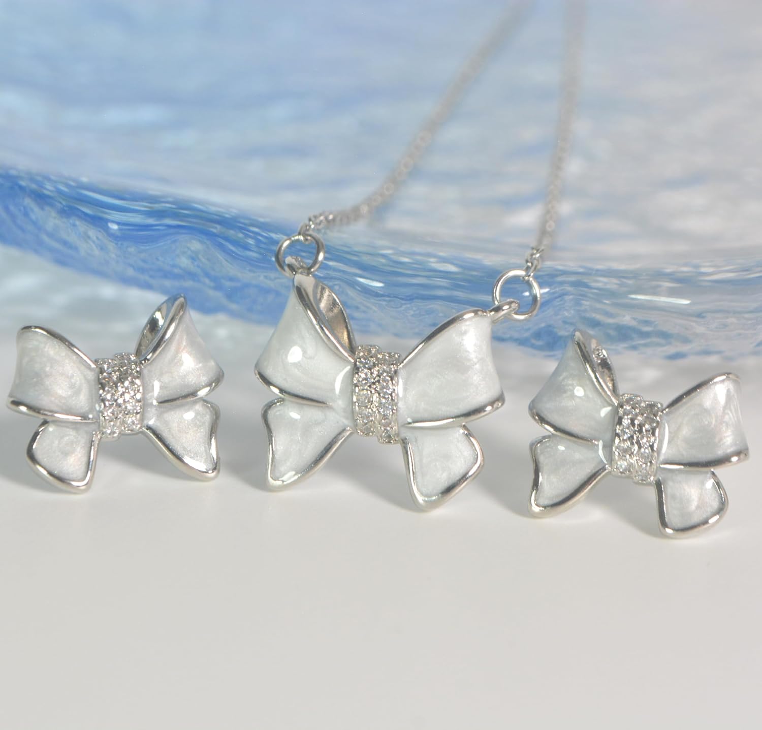 Silver Bow Earrings and Necklace Set for Women Elegant White Gold CZ Necklace & Stud Earrings Set with Clear Resin Drip, Dainty Matching Lovely Jewelry Gift for Her Mother (Birthday, Anniversary, Graduation, Christmas)