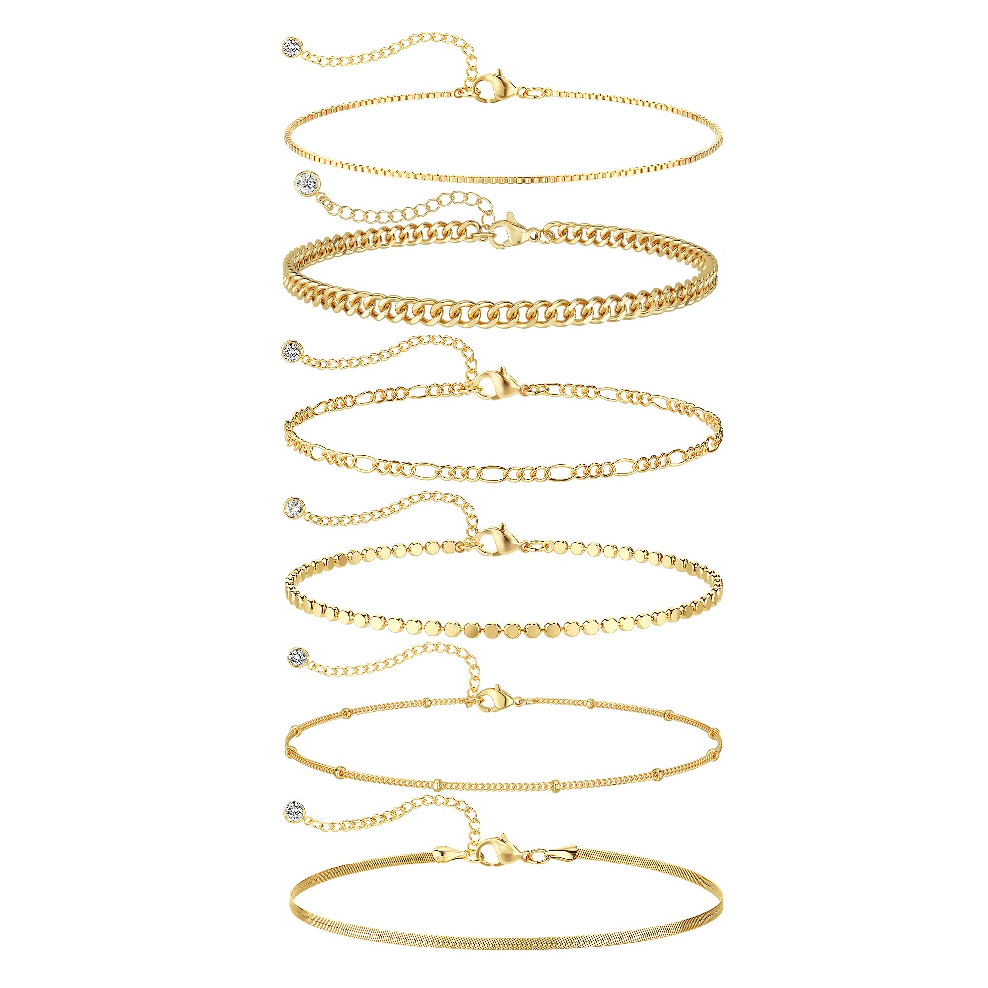 DEARMAY 6PCS Gold&Silver Bracelets Set for Women Dainty, Stackable Sterling Silver Plated Beaded Figaro Herringbone Paperclip Chain Waterproof, Layered Bracelets Set Gifts for Women Mom Her