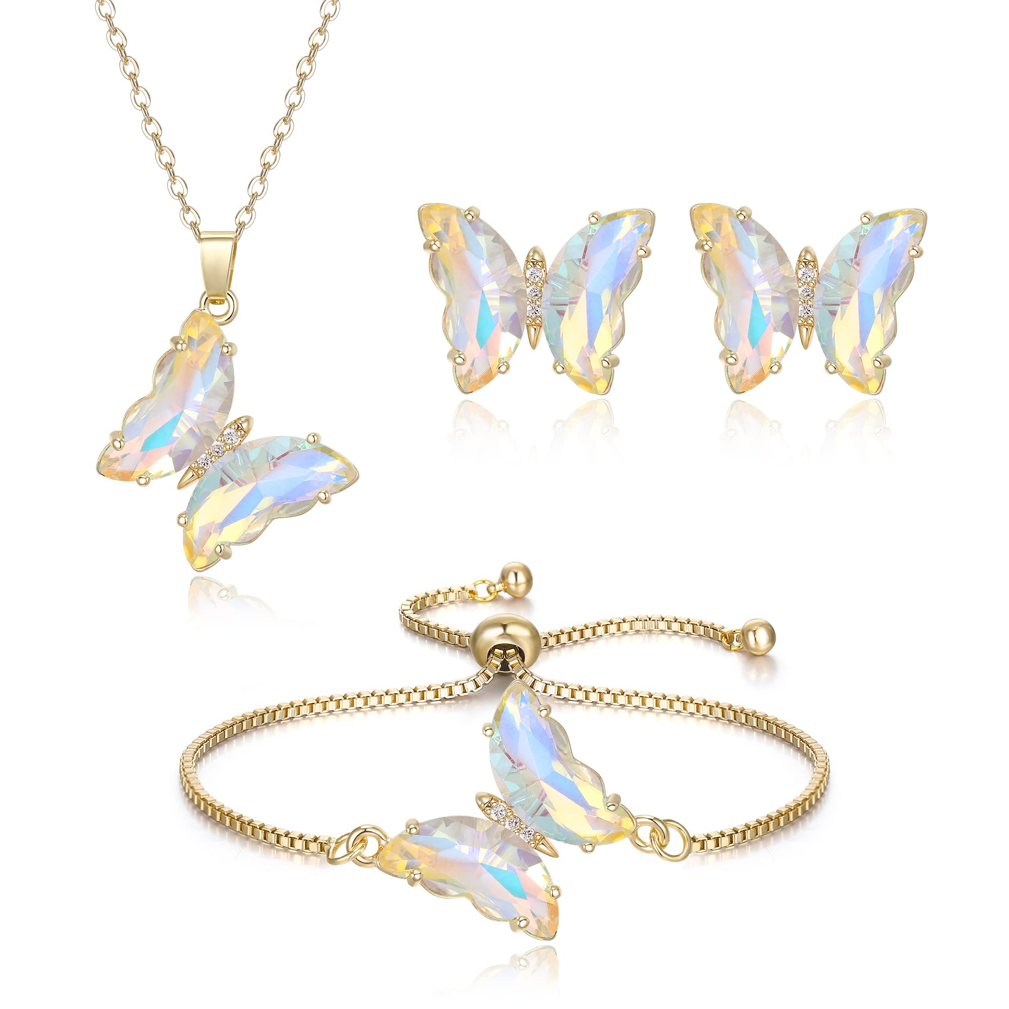 Crysdue Sparkling Cubic Zirconia Butterfly Necklace Stud Earrings Adjustable Slider Bracelet Jewelry Set, Birthday/Valentines/Mothers Day/Christmas Jewellery Gift for Women