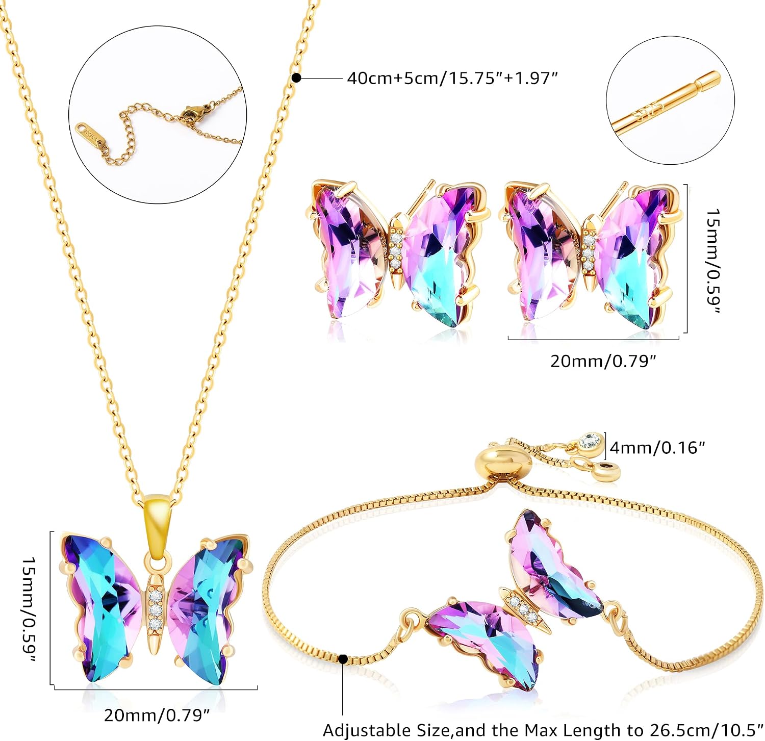 Butterfly Crystal Jewelry Set with Butterfly Necklace Stud Earrings Bolo Bracelet Adjustable Ring for Women Trendy, Iridescent Y2K Dainty Butterfly Jewelry Gifts