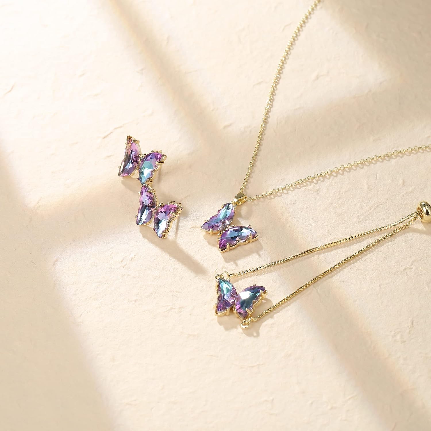 Crysdue Sparkling Cubic Zirconia Butterfly Necklace Stud Earrings Adjustable Slider Bracelet Jewelry Set, Birthday/Valentines/Mothers Day/Christmas Jewellery Gift for Women