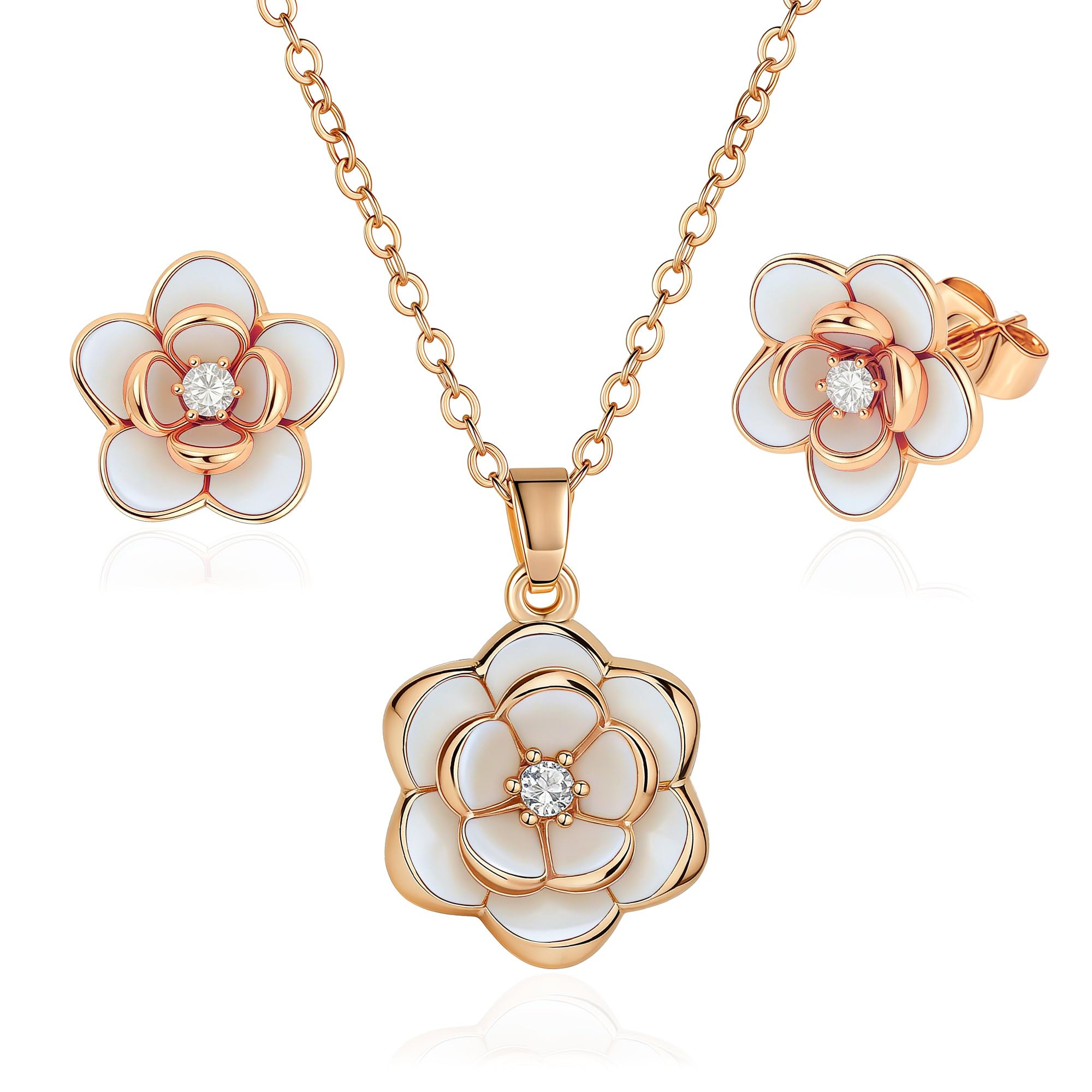 EVEVIC Dainty Flower Pendant Necklace Earrings for Women 14K Gold Plated Hypoallergenic Jewelry Sets